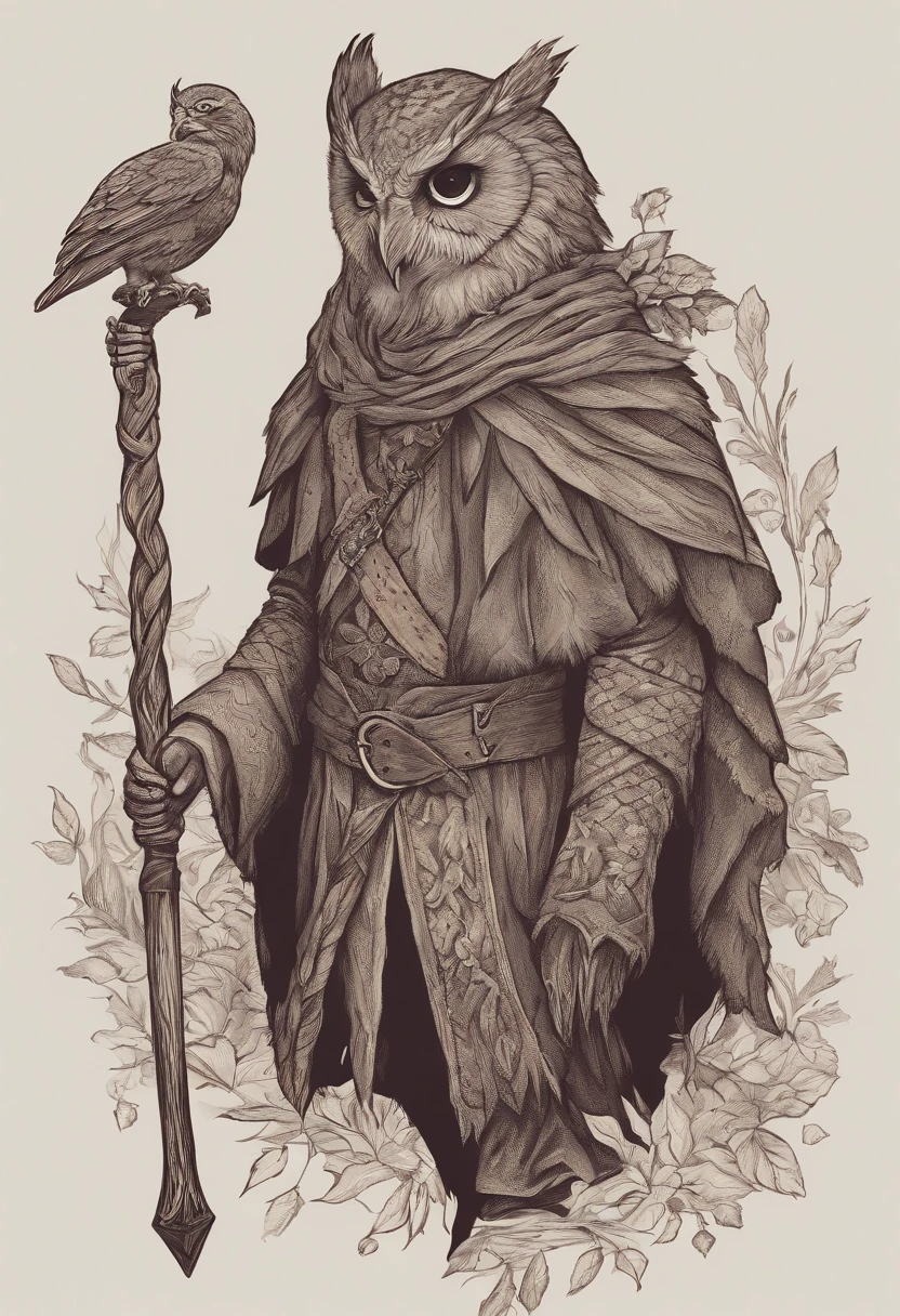 Je souhaite un vampire avec des oreilles un peu pointues. He has a fierce expression on his face. Il lui fait des yeux jaunes, et des cheveaux longs, black and braided. He must wear a medieval mercenary outfit and an axe on his hip. He must be standing in a dark and ominous wood. A brown owl rests on his left arm.