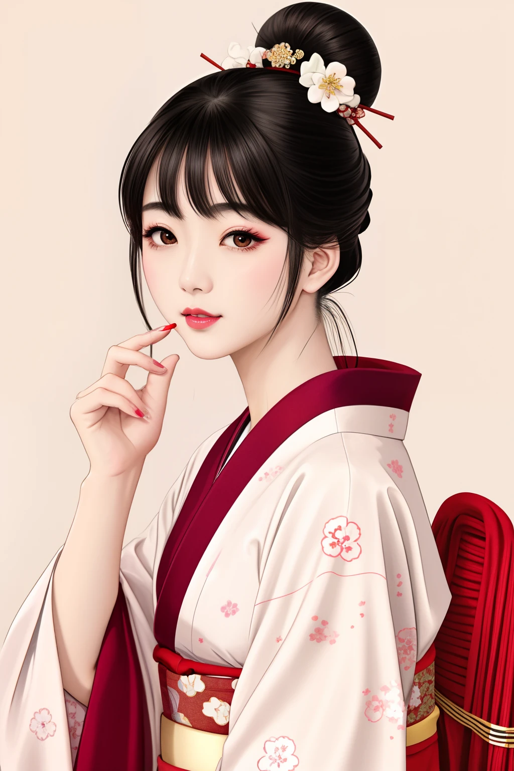 ((Big、a small face、No exposure))、top-quality、​masterpiece、（Bun hair Black hair）、Brown eyes、｟From the buttocks up is the whole body、Diagonally horizontal｠、(４In K、​masterpiece、hight resolution、Realistic and beautiful light and shadow、One girl、Solo Focus、(top-quality)、(Hi-Res)、(extremely delicate and beautiful)、(Beautiful 8k face)、(I close my eyes while smiling.)、(独奏)、(Clear skin)、(Soft hair)、(7headed body)、(Yukata kimono with red and white floral pattern、Beautiful girl in Japan wearing yukata)、((Hair in a bun))、((Tanabata decoration background))、((a small face))、(reality)、thin and small nose、（red lipsticks）、（Reddening cheeks）、（Lustrous skin）、((Ukiyo-e style))、Ultra-thin eyebrows、Ultra high image quality、（Wearing maiko-style makeup）、skin whitening、long and beautiful lashes、Lustrous skin that changes like a model in a Kyoto magazine、（Red-dyed cheeks）,Nasal muscle