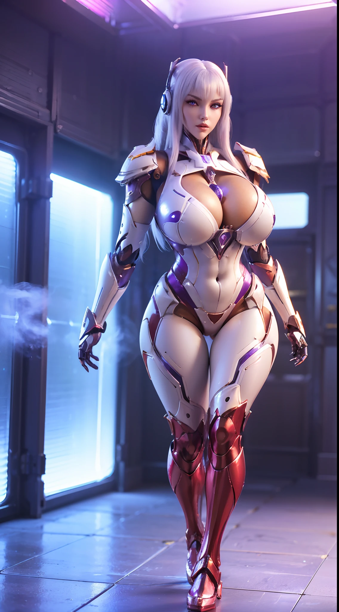 (1GIRL, ALONE), (super detailed face), (white hair: 0.8), (BIG BUTTOCKS, MUSCLE ABS, CLEAVAGE, HUGE FAKE BREASTS:1.5), (GOLD MECHA GUARD ARM:1.3), (RED SHINY MECHA CYBER ARMORED, PURPLE MECHA SKINTIGHT SUIT PANTS, MECHA GUARD ARMOR LEGS, HIGH HEELS:1.5), (THICC MUSCULAR FEMALE BODY, GLOWING SKIN, LONG LEGS, FULL BODY:1.1), (LOOKING AT VIEWER:1.3), (female focus:0.886), (WALKING DOWN HALLWAY OF FUTURISTIC SPACE STATION:1), (BRIGHT LIGHT ROOM:1.5), SUPER TEXTURE, UNREAL ENGINE RENDER, PHYSICALLY-BASED RENDERING, ULTRA HIGHT DEFINITION, 16K, 1080P.