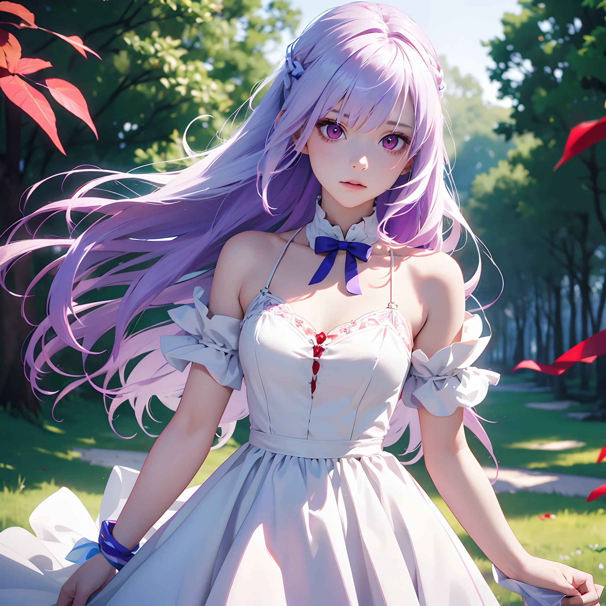 1girl,Albino, cute, purple hair, beautiful, long hair,red eyes, wearing a white and blue dress, hair with a ribbon, vampir((8k, UHD, ultra realistic))