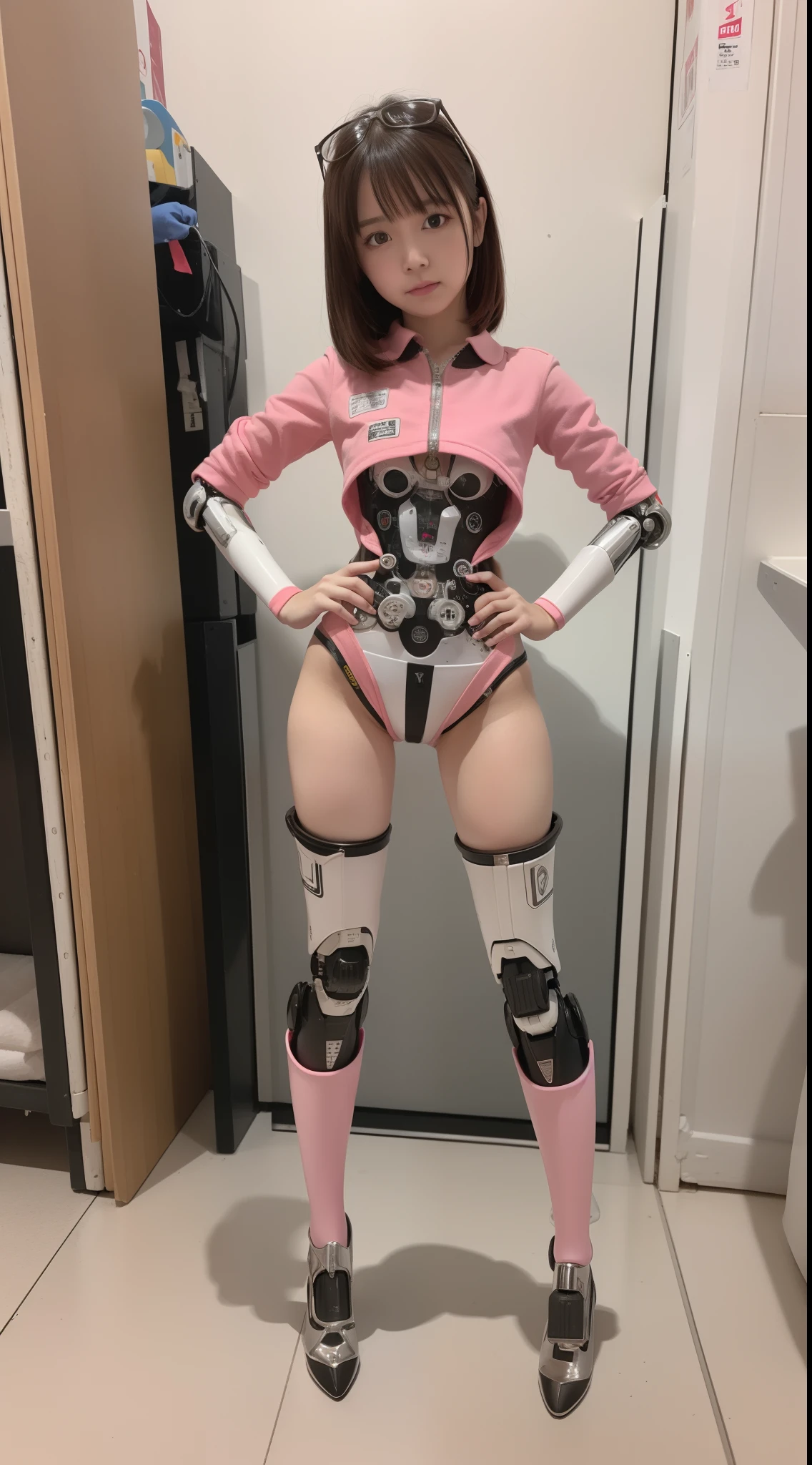 robot-girl, pink there, Silver, metallic, Robot Parts, Metal Parts, Super Detailed Face, Super well-formed face, of the highest quality, a small face, Full body, Brown hair, Slender body, Camera gaze, Internal Mechanical Exposure, Idol, Well-proportioned body, gravure, Photo session, Akihabara, Moe Pose, front facing, Standing with legs open, Hands on hips, Model body type, sad, Embarrassing, Perfect Robot Girl, Perfect machine body