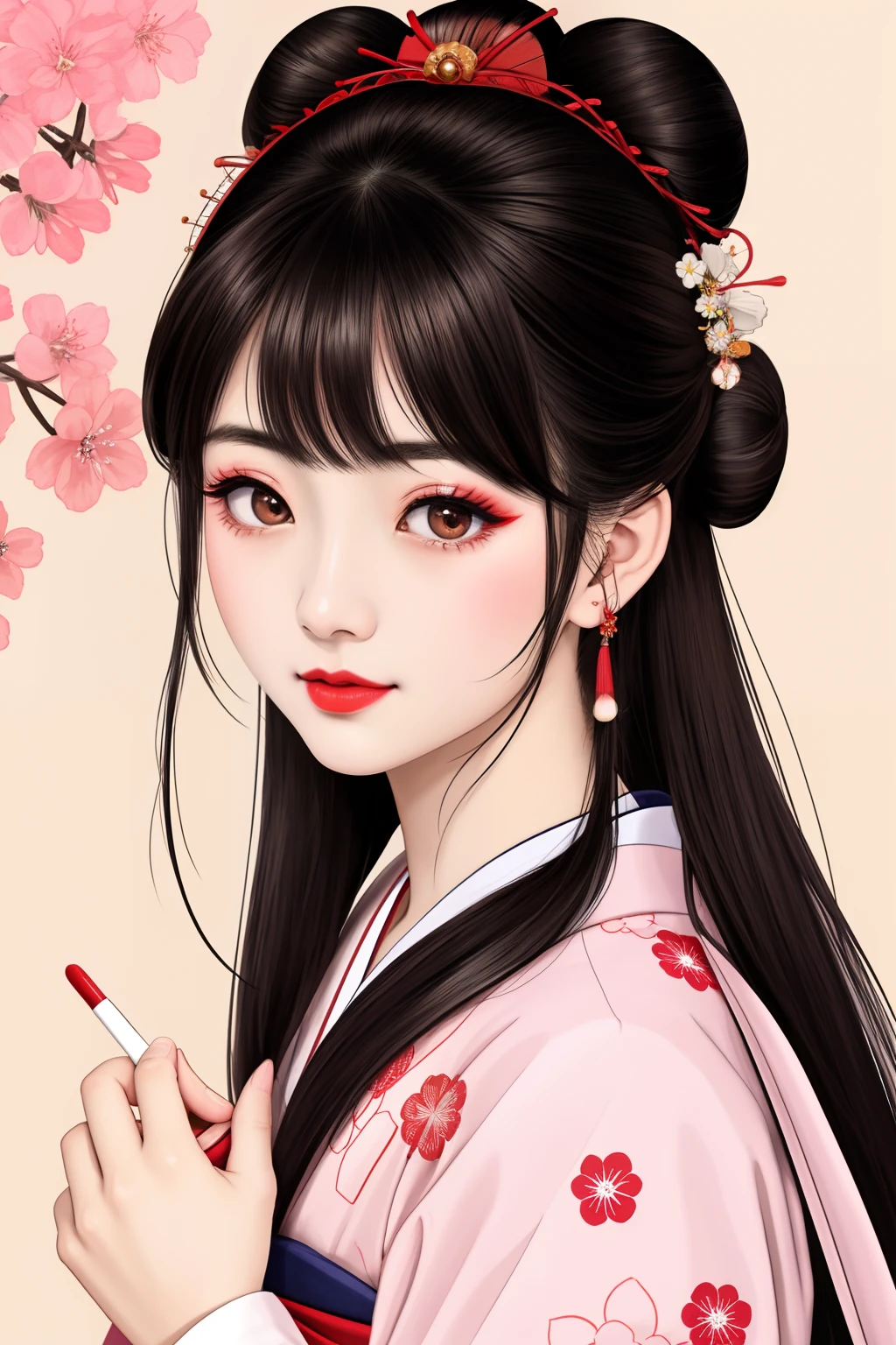 ((Big、a small face、No exposure))、top-quality、masterpiece、(Bun hair Black hair)、Brown eyes、⦅From the buttocks up is the whole body、Diagonally horizontal⦆、(4In K、masterpiece、hight resolution、Realistic and beautiful light and shadow、One girl、Solo Focus、(top-quality)、(Hi-Res)、(extremely delicate and beautiful)、(Beautiful 8k face)、(I close my eyes while smiling.)、(独奏)、(Clear skin)、(Soft hair)、(7headed body)、(Yukata kimono with red and white floral pattern、Girl in Yukata)、((Hair in a bun))、((Tanabata decoration background))、((a small face))、(reality)、thin and small nose、(red lipsticks)、(Reddening cheeks)、(Lustrous skin)、((Ukiyo-e style))、Ultra-thin eyebrows、Ultra high image quality、(Wearing maiko-style makeup)、skin whitening、long and beautiful lashes、Lustrous skin that changes like a model in a Kyoto magazine、(Red-dyed cheeks),Nasal muscle