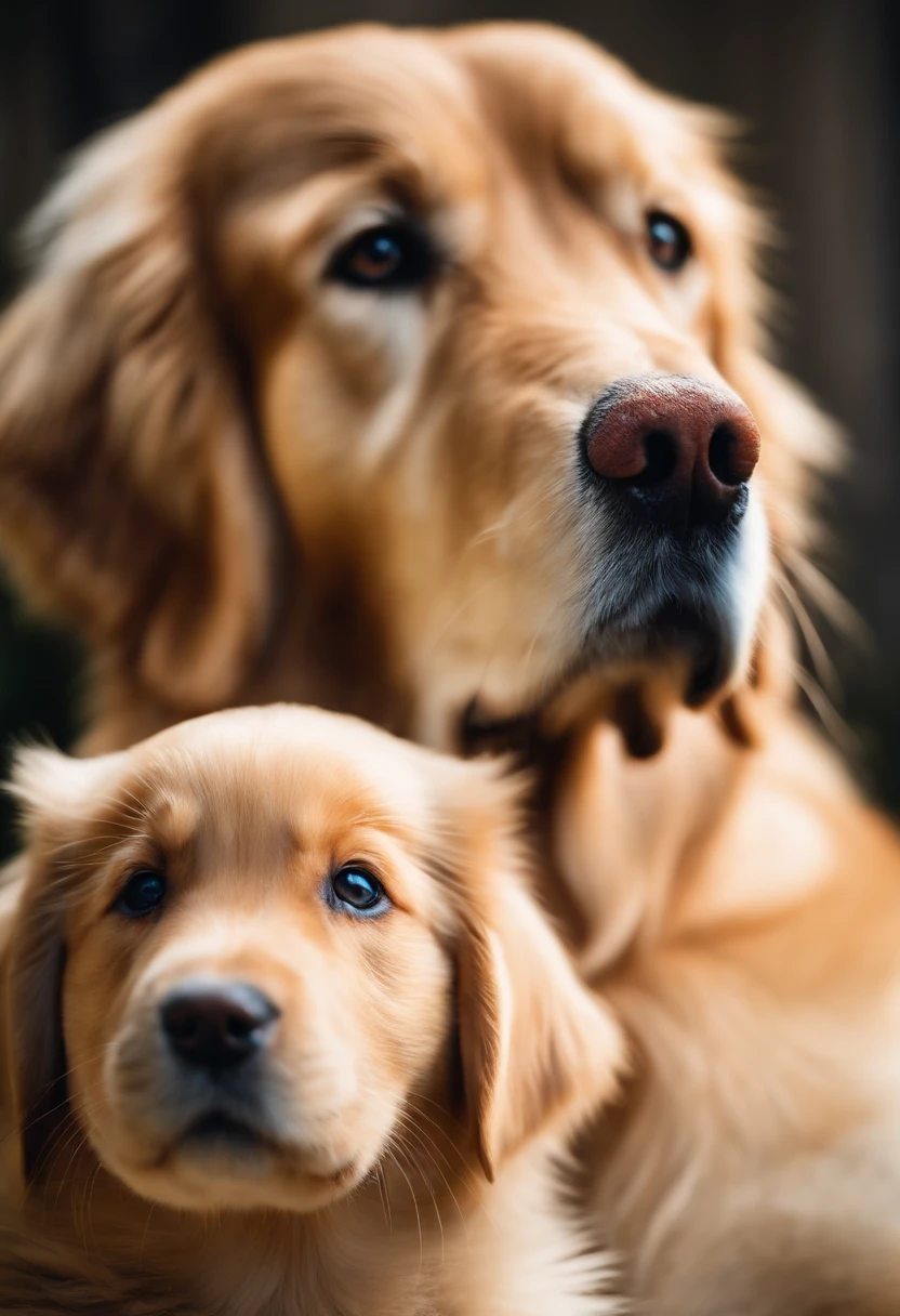 The photo shows two dogs, a Golden Retriever holding a Chihuahua's leash in its mouth.
