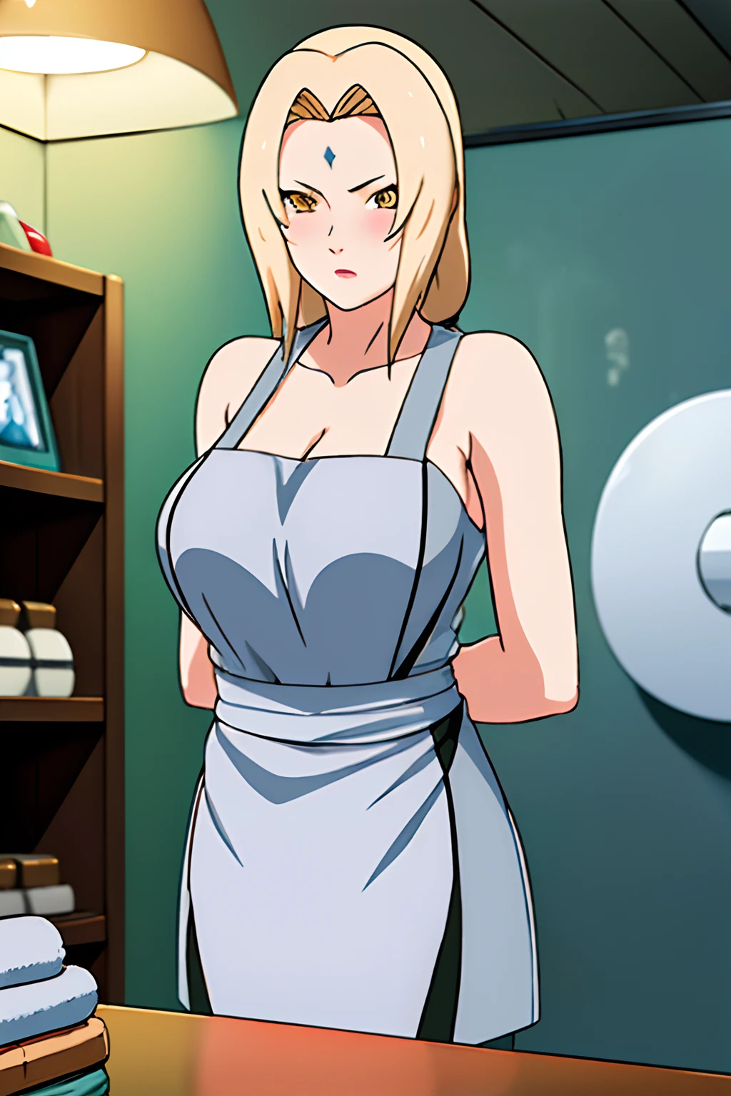 masterpiece, absurdres , (intricate details), (colorful),cinematic lighting,bust shot,extremely detailed CG unity 8k wallpaper,1girl, Tsunade,forehead mark,washing machine,, naked apron, kitchen, arms behind back, blush, looking at viewer,