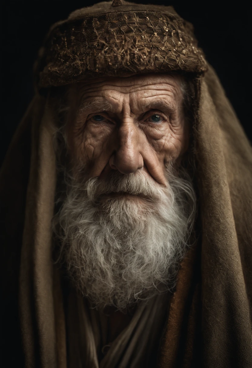 A portrait of a wizard, barbu, wrinkled, elderly, with piercing eyes, Detailed face, naked body weak older skinny hairy, High Details, photographie, Studio sombre, rimlight, Nikon D850, 50 mm, f/1.4