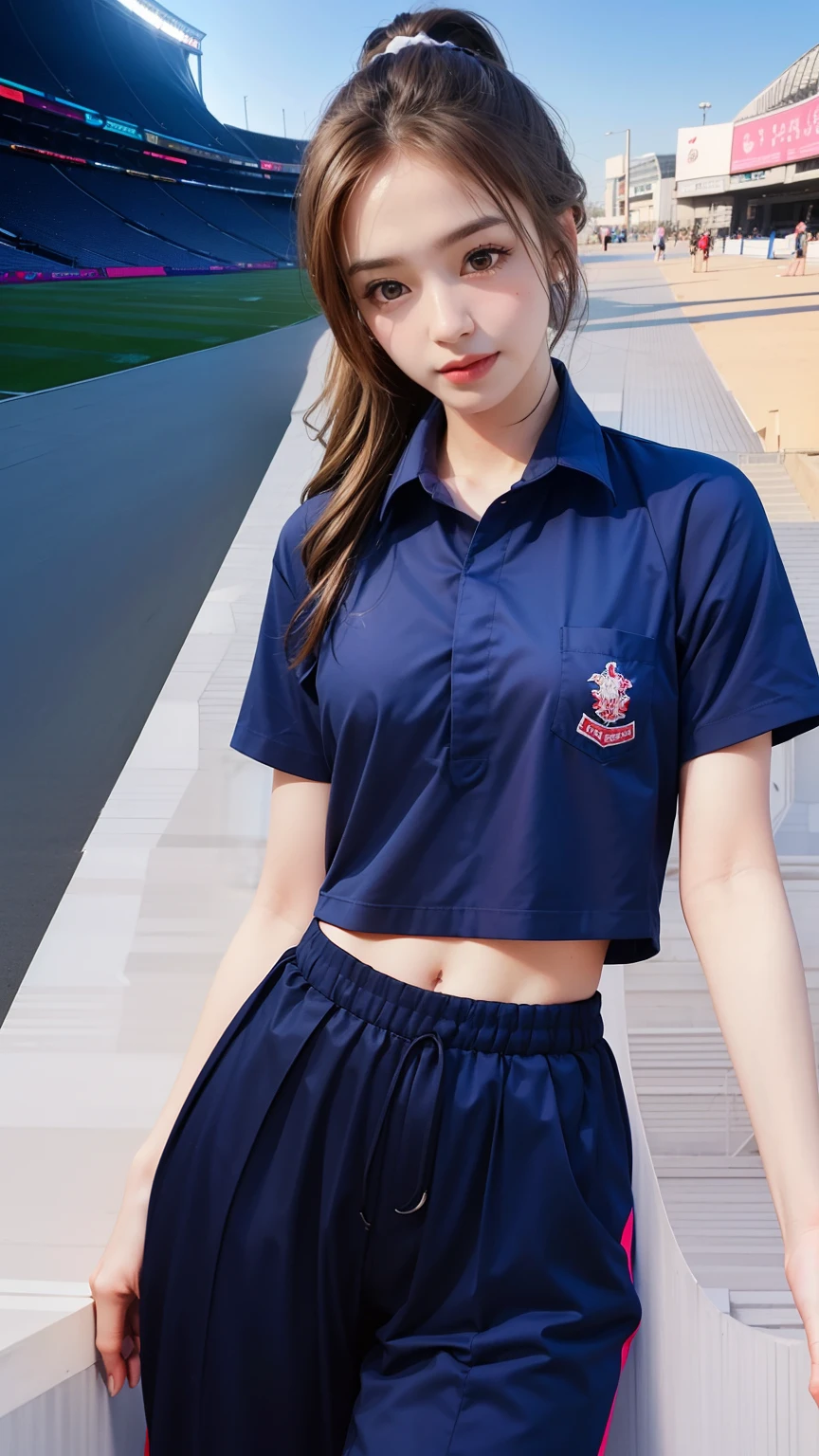 (bestquality,10,10,highres,masterpiece:1.2),ultra-detail,(Realistic,photorealistic portrait,photo-realistic:1.37),1 Cute girl in the football field,oily shiny skin,bara,light smile,BDclothes,((blue shirt:1.3)),short sleeves,shirt, trousers.,(navy_long_Pants Track:1.1), ((Stadium Background:1.3)),dynamic angle,excited,face focus,Dynamic Poses,from behide,Ass Focus,masterpiece, bestquality, ultra realistic, hyper-detail, 8k resolution, RAW photo, crisp focus, ((Navy blue shirt:1.1)), short sleeves, Long Path, Perfect body, 2 mature women, 18yo, cinematic light,Blue sweatpants,Gymware,Correct anatomy,Complete body, Correct body, sharp face, Anatomically correct body, full entire body, Realistic gestures, long-haired, Realistic poses,Wear long shorts.....,Long leg span,Shapely,Sculpting Girl 2 Girl Kissing, Realistic kiss, Slender Figure, mannequin mannequins, Shapely, Beautiful body