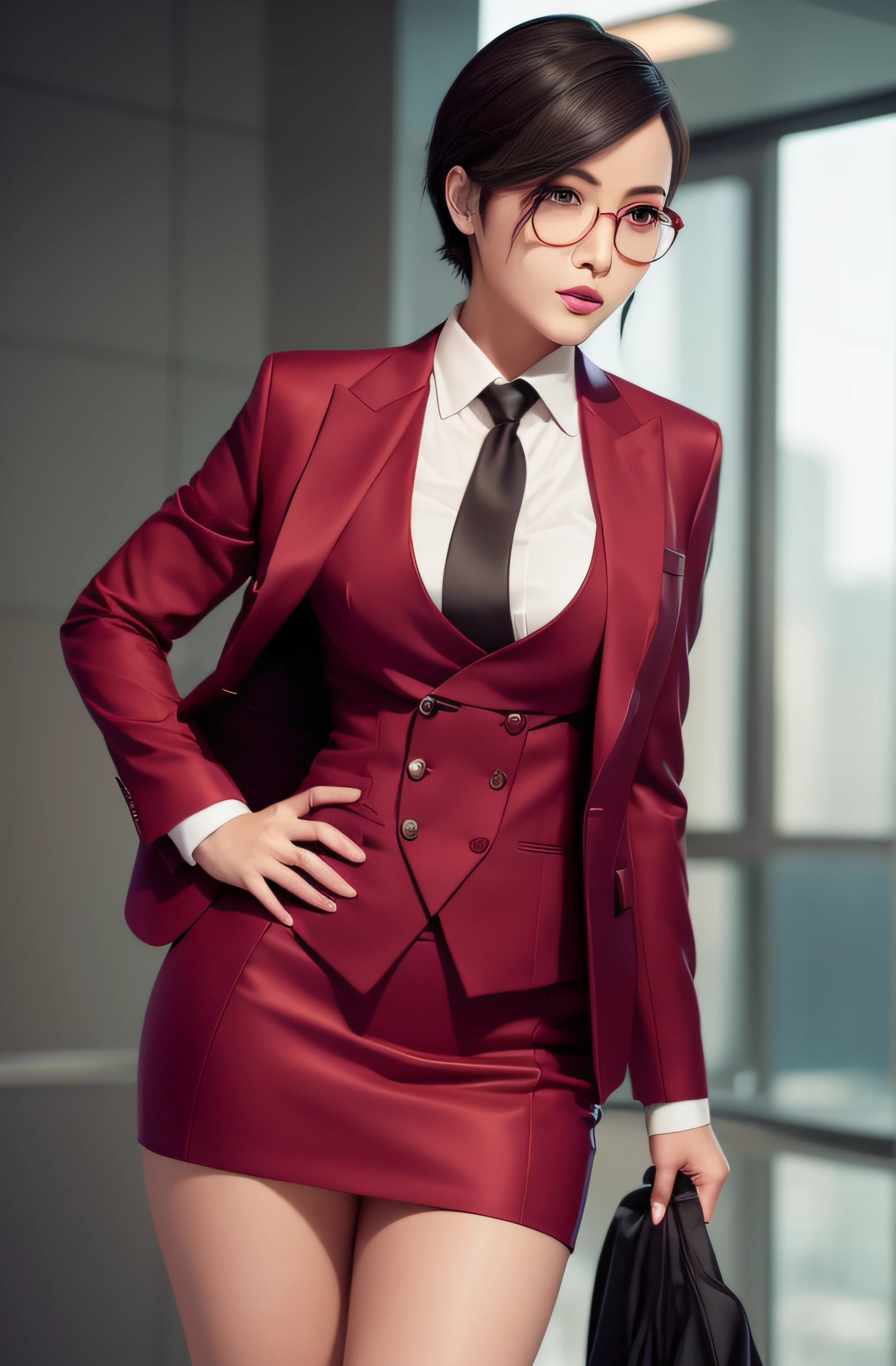 1 woman, ada wong, skirt suit, (((three-piece suit))), necktie, blazer, (((suit jacket))), (((waistcoat))), double-breasted waistcoat, bodycon miniskirt, pencil skirt, tie clip, pocket square, pocket watch, pantyhose, high heels, glasses, makeup, lipstick