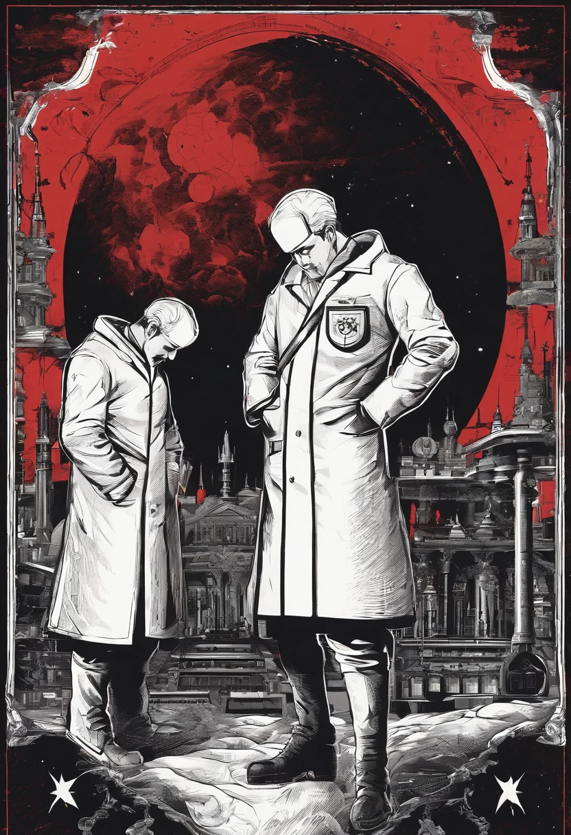Scientists in science coats turn their backs to us,looking at the stars,hard core,Technologie,Red monochrome,USSR Poster,urss,Communism