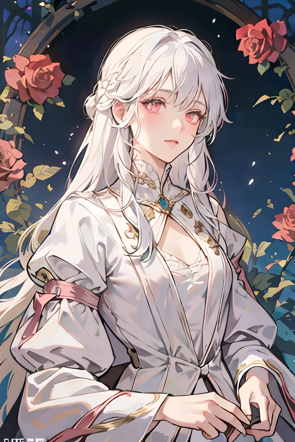 1girl, long white hair with bangs, age 35 face, human white mage, demure, slender, intelligent, small breasts, rose pink eyes, fantasy medieval times, tied up