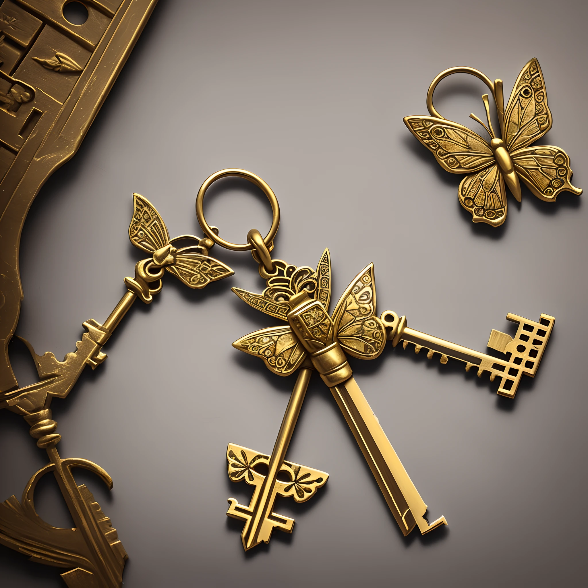 A key in the shape of a butterfly leading to a locked door in the shape of a flower