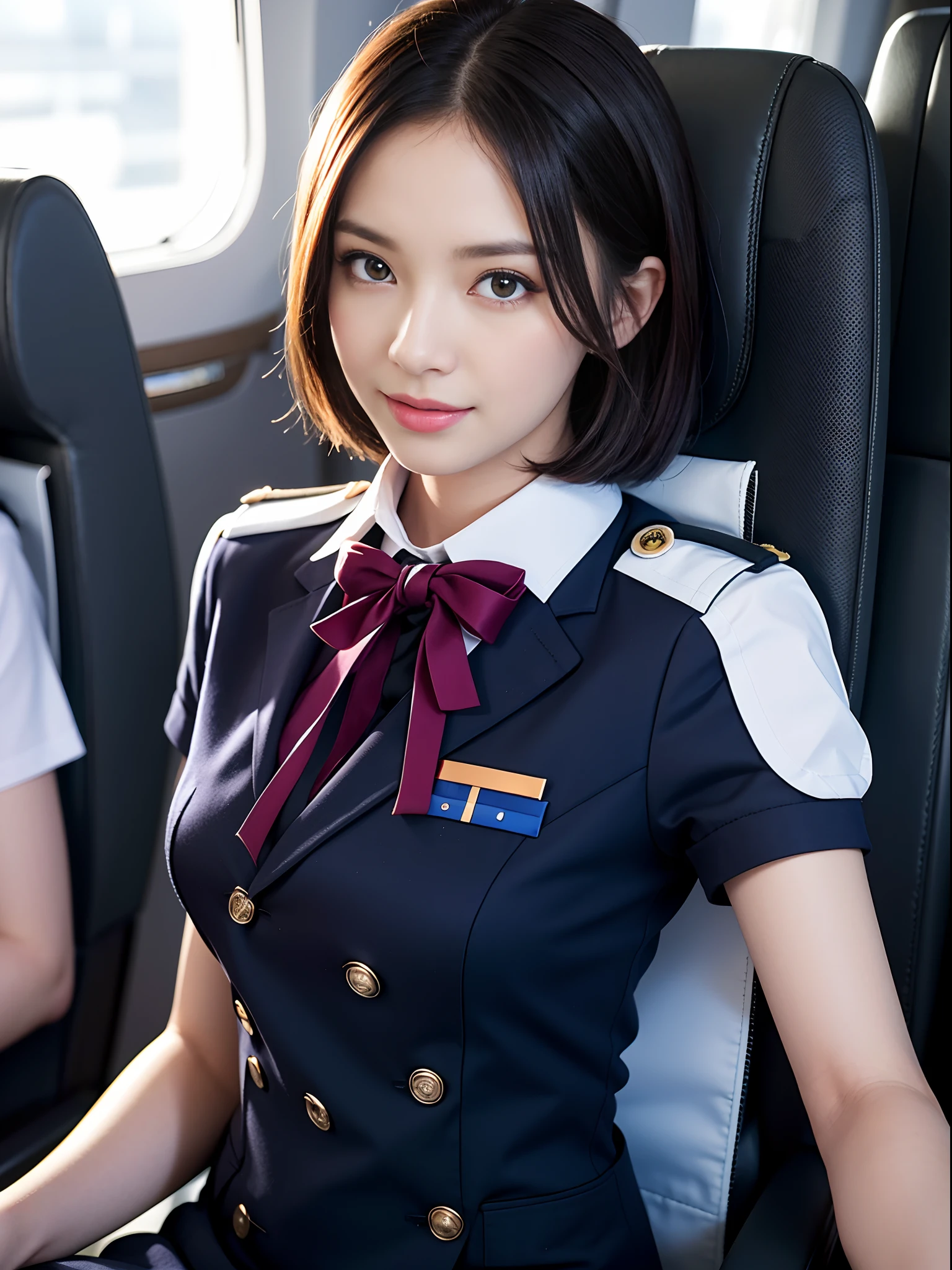 masterpiece, Best quality, Raw photorealism, Smile, Beautiful girl, Cute, Short hair, small breasts, depth of field, High resolution, Ultra detail, Very detailed eyes and face, Sharp pupils, Realistic pupils, Sharp focus, Movie lighting,upper body shot, flight attendant, uniform, like Delta airline uniform, purple delta uniform,flight attendant uniform, sexy look, sexy uniform, sexy flight attendant uniform, detailed background, Boring 787-9, in cabin, seating exit seat, look out window,