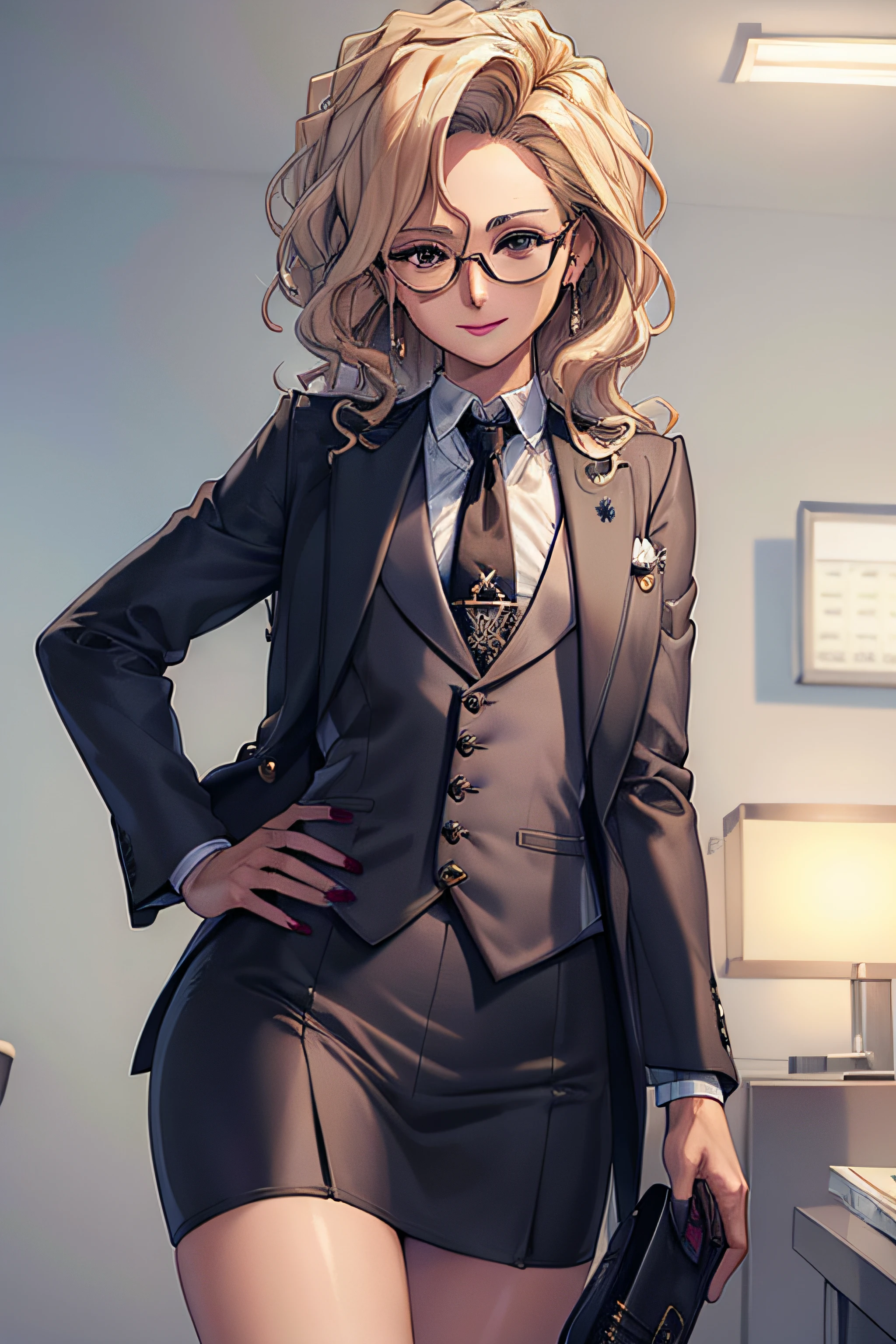 (Masterpiece, Best Quality, High Quality:1.4), professional artwork, well drawn, Intricate Details, field of view, sharp focus, detailed painting, masterpiece, cinematic lighting, trending on pixiv, vivid lighting, vibrant colors, by by Nagasawa Rosetsu,
MadamePresident, mature female, milf, standing, hands on waist, office background, afternoon, full body shot,
blonde hair, long hair, wavy hair, lipstick, makeup, ultra detail hair, ultra detail face, perfect eyes, perfect face, earring, brown eyes, Looking at Viewer, flirting, smiling,
skirt suit, (((three-piece suit))), necktie, blazer, (((suit jacket))), (((waistcoat))), double-breasted waistcoat, (((miniskirt))), (((pencil skirt))), skirt, tie clip, pocket square, pantyhose, high heels, glasses
red nails, nail polish,