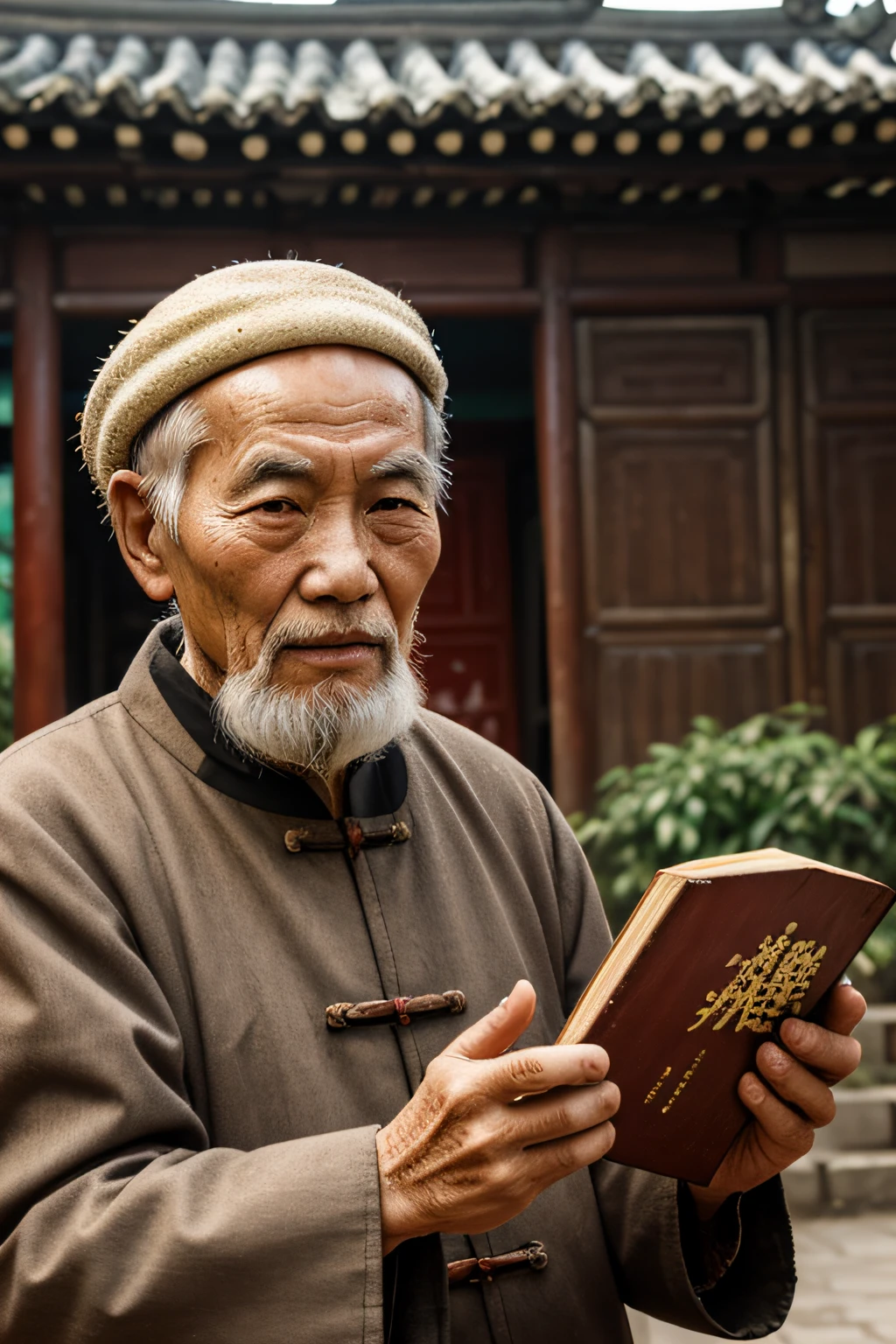 An old man with traditional Chinese thinking,Real frontal photos,Authentic background,The background is nature,holding books,worn-out clothing,Face full of wrinkles,80 years old Chinese medicine practitioner,Wise eyes,The beard is white,male people,country style,Leave the top of your head empty