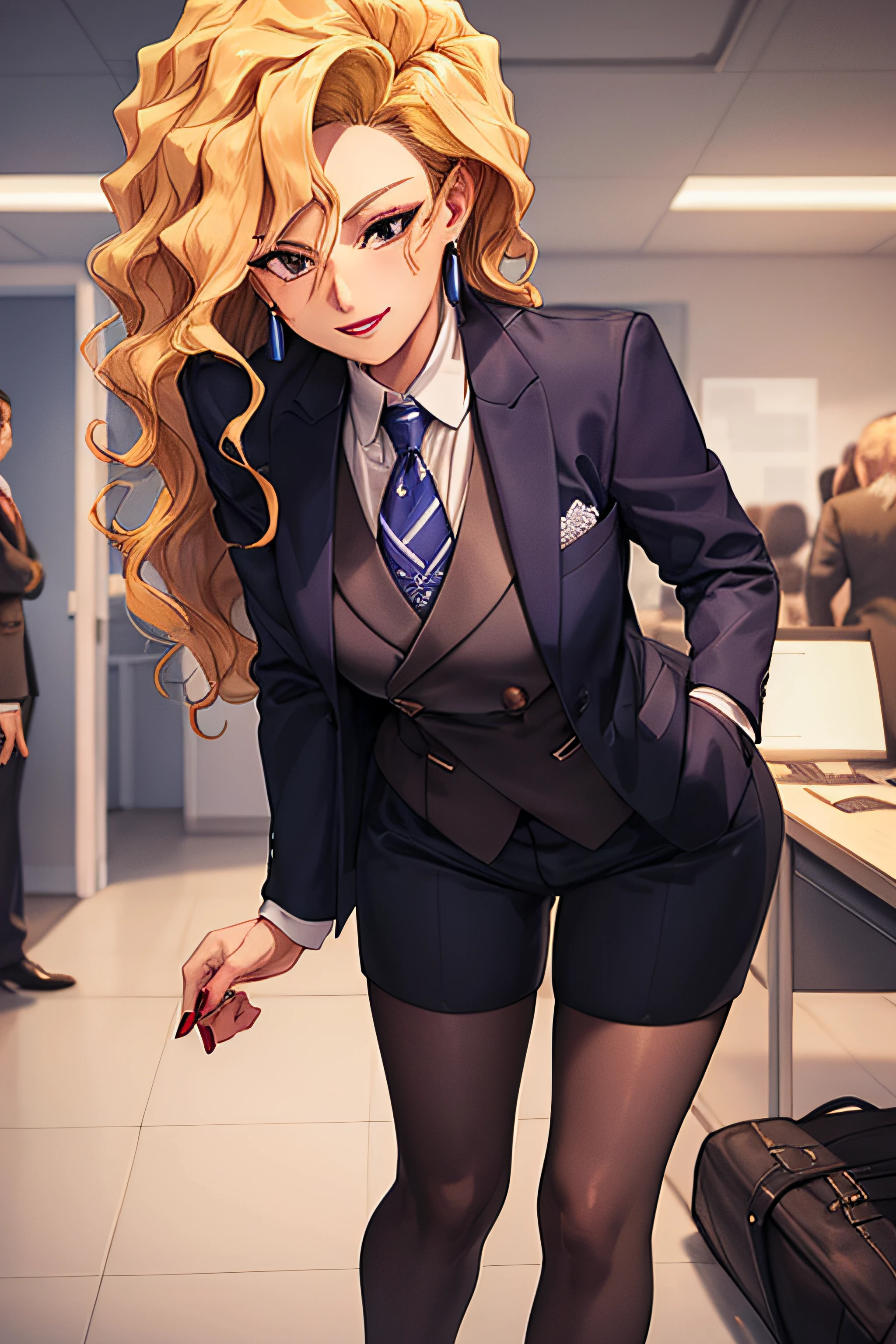 (Masterpiece, Best Quality, High Quality:1.4), professional artwork, well drawn, Intricate Details, field of view, sharp focus, detailed painting, masterpiece, cinematic lighting, trending on pixiv, vivid lighting, vibrant colors, by by Nagasawa Rosetsu,
MadamePresident, mature female, milf, standing, hands on waist, office background, afternoon, full body shot,
blonde hair, long hair, wavy hair, lipstick, makeup, ultra detail hair, ultra detail face, perfect eyes, perfect face, earring, brown eyes, Looking at Viewer, flirting, smiling,
skirt suit, (((three-piece suit))), necktie, blazer, (((suit jacket))), (((waistcoat))), double-breasted waistcoat, bodycon miniskirt, pencil skirt, tie clip, pocket square, pocket watch, pantyhose, high heels
big ass, red nails, nail polish,