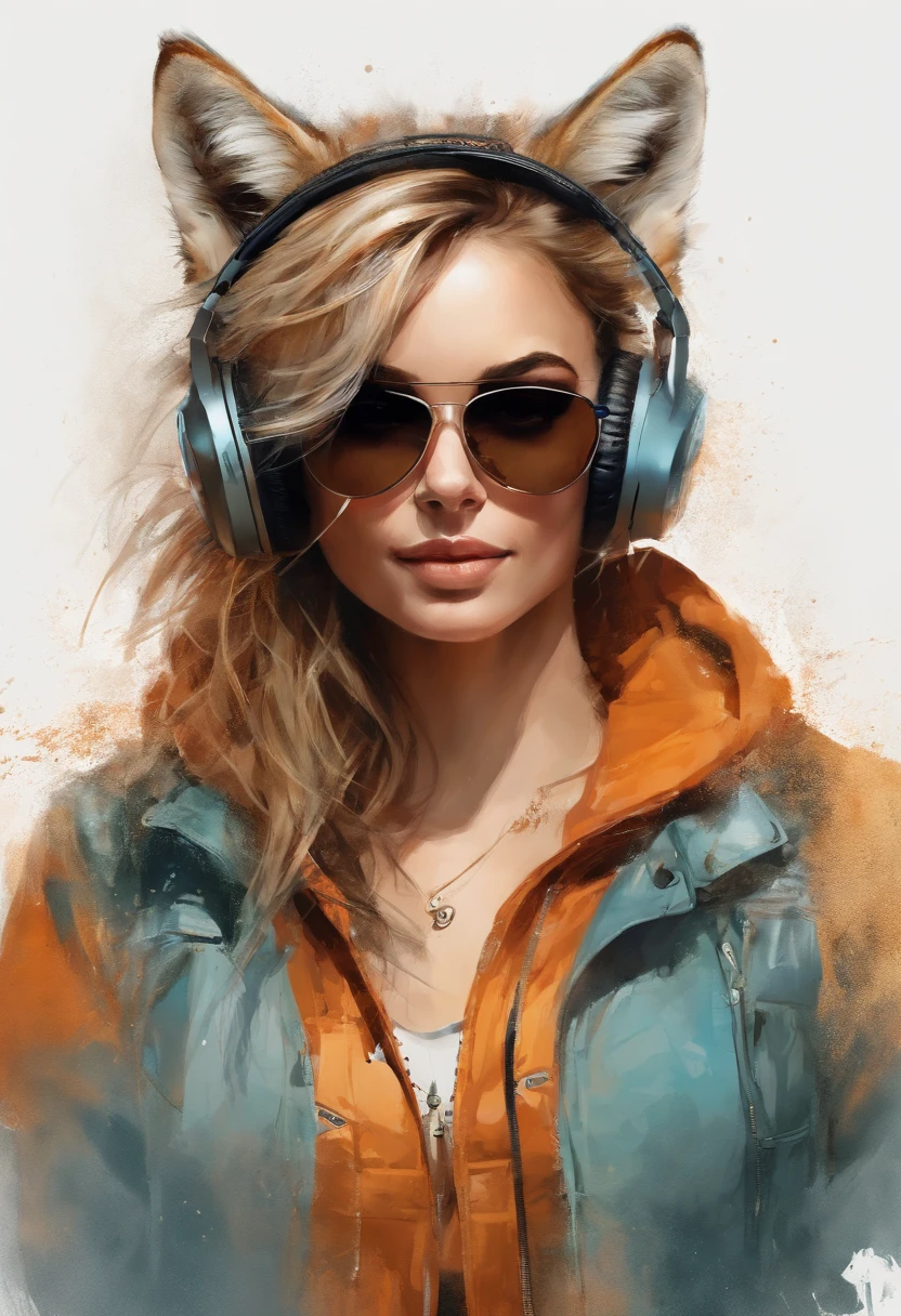 Perfect centering, coyote, Wear a student team jacket, Wearing sunglasses, Wearing headphones, cheerfulness, Standing position, Abstract beauty, Centered, Looking at the camera, Facing the camera, nearing perfection, Dynamic, Highly detailed, smooth, Sharp focus, 8K, A high resolution, illustration, Art by Carne Griffiths and Wadim Kashin, White background