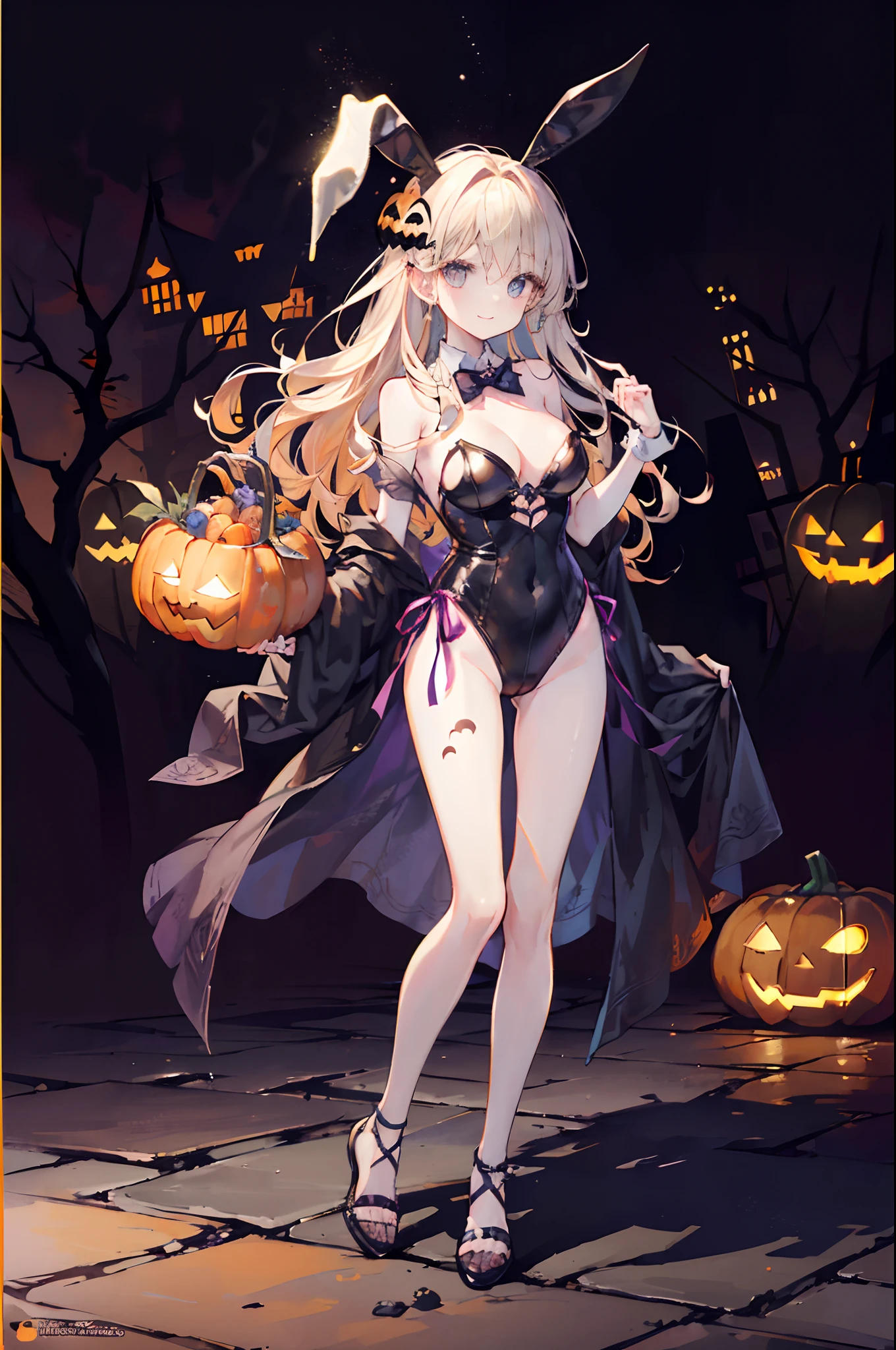 (Official art、Best Quality、Unity 8k Wallpapers、32K、masterpiece、ultra-detailliert、超A high resolution、realisitic、Photorealsitic:1.2)、(Cinematic lighting:1.2)、Fireglow effect、film grains、Best Shadows、(Ultra-detailed and complex 3D rendering)、Detailed beautiful face and eyes、Realistic pupils、Sharp pupils、A slender、Medium bust、(Full body:1.2)、side lights、 Highly detailed background、(super detailed skin、detailed skin textures:1.3)、(Close-up of a group of carved pumpkins in the park, jack-o-lanterns, Pumpkin glowing under the tree, Halloween atmosphere, Halloween Scene, jack - o'- lantern, pumpkins, Evil spirits walk around with lanterns, halloween celebration, Halloween, Spooky and scary atmosphere, halloween theme, Halloween Decorations, halloween night, shutterstock, trick or treat, edited、Very colorful、Vivid Color)、shinny skin、 20-year-old beauty、Beautiful wavy platinum blonde hair、 Blue eyes、beauitful face、Playboy Bunny Girl、High-cut leotards、a bow tie、Cuffs、Wearing fishnet stockings、Black rabbit ears、Ghost pumpkin hair ornament、With a rabbit tail in the ass,,,,,,,、Holding a haunted pumpkin in both hands、Bring your arms forward、(Happy expression on face、Self-satisfied smile:1.2)、dynamicposes