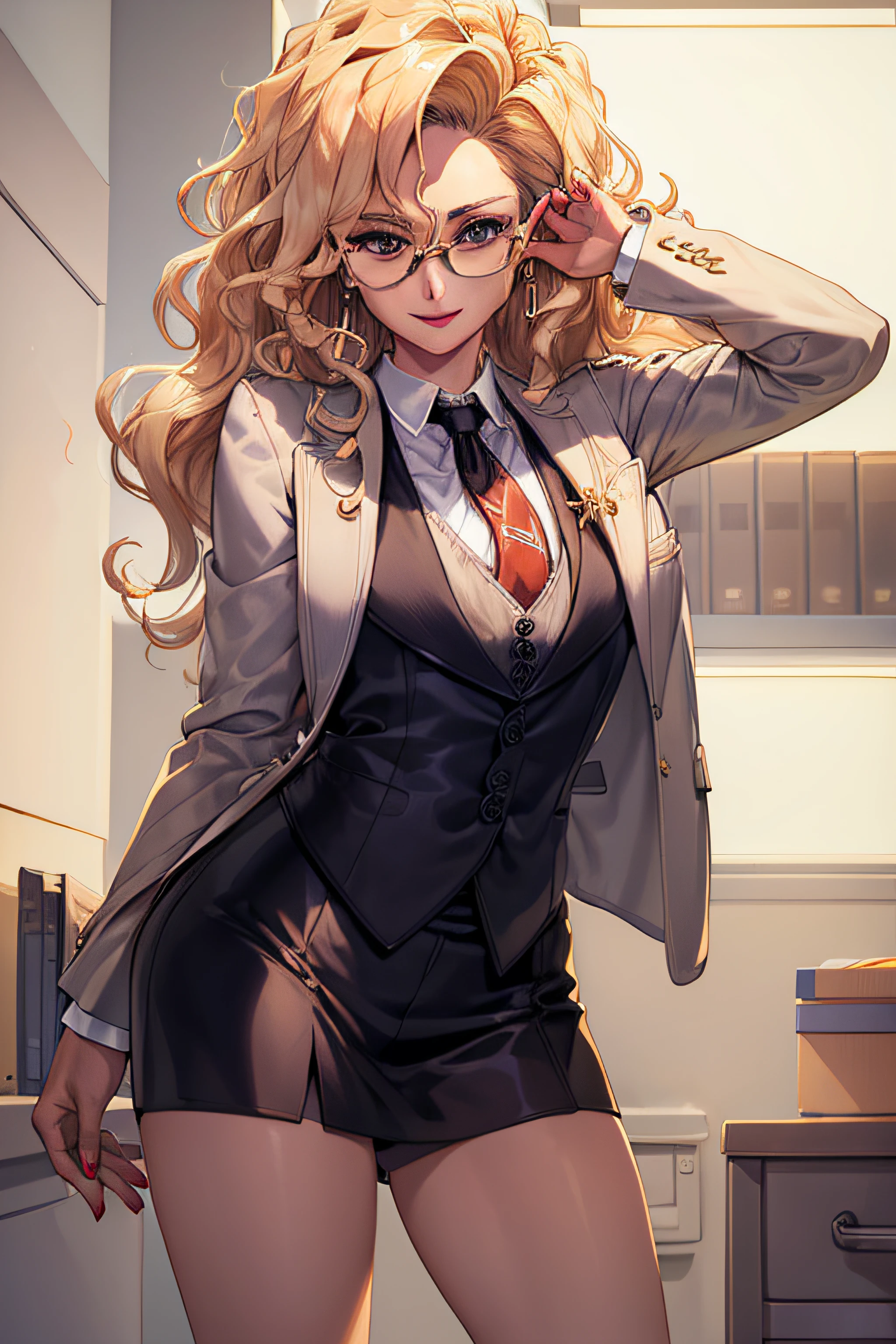 (Masterpiece, Best Quality, High Quality:1.4), professional artwork, well drawn, Intricate Details, field of view, sharp focus, detailed painting, masterpiece, cinematic lighting, trending on pixiv, vivid lighting, vibrant colors, by by Nagasawa Rosetsu,
MadamePresident, mature female, milf, standing, hands on waist, office background, afternoon, full body shot,
blonde hair, long hair, wavy hair, lipstick, makeup, ultra detail hair, ultra detail face, perfect eyes, perfect face, earring, brown eyes, Looking at Viewer, flirting, smiling,
red skirt suit, (((three-piece suit))), necktie, blazer, (((suit jacket))), (((waistcoat))), double-breasted waistcoat, (((miniskirt))), (((pencil skirt))), skirt, tie clip, pocket square, pantyhose, high heels, glasses, cufflinks
red nails, nail polish,