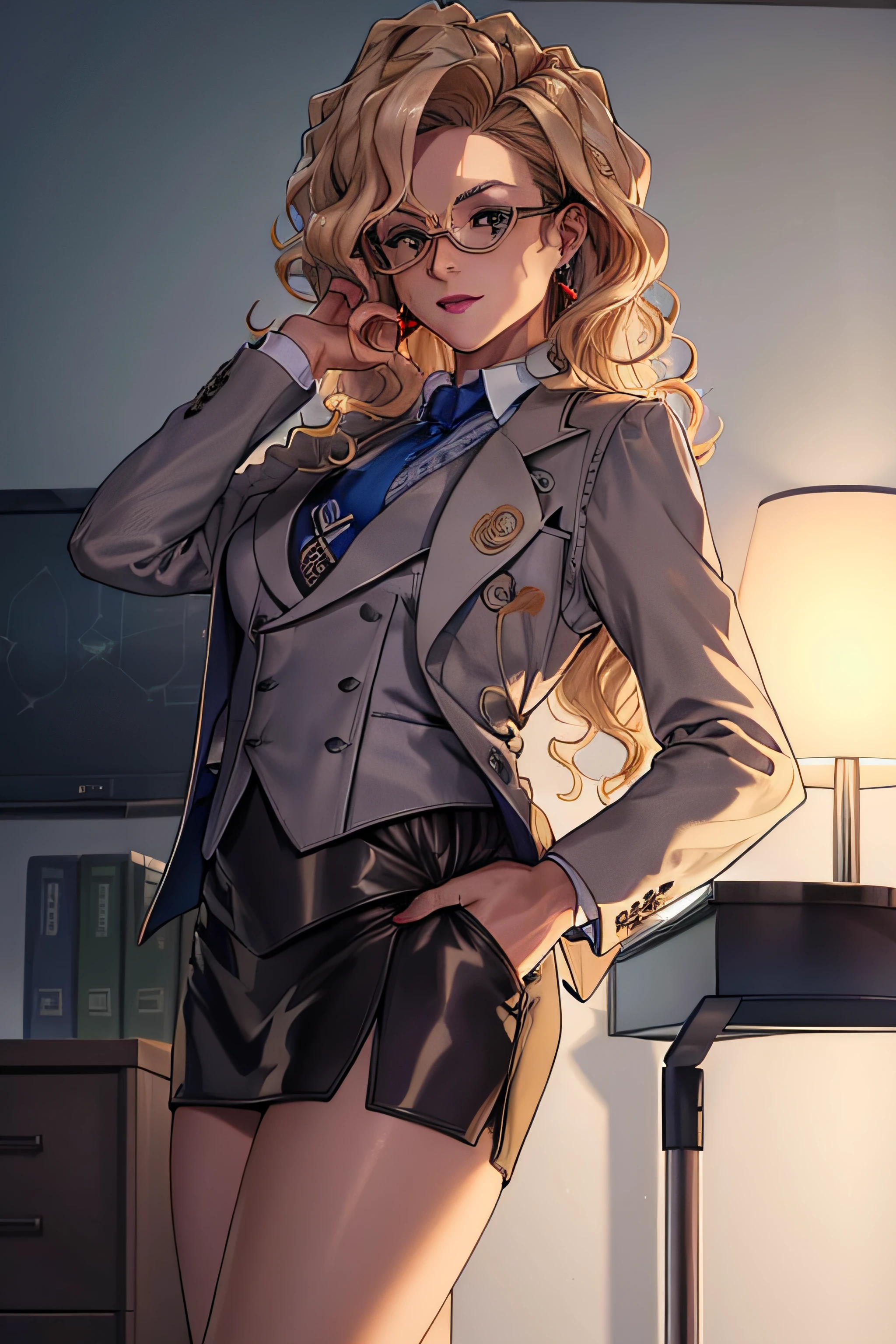 (Masterpiece, Best Quality, High Quality:1.4), professional artwork, well drawn, Intricate Details, field of view, sharp focus, detailed painting, masterpiece, cinematic lighting, trending on pixiv, vivid lighting, vibrant colors, by by Nagasawa Rosetsu,
MadamePresident, mature female, milf, standing, hands on waist, office background, afternoon, full body shot,
blonde hair, long hair, wavy hair, lipstick, makeup, ultra detail hair, ultra detail face, perfect eyes, perfect face, earring, brown eyes, Looking at Viewer, flirting, smiling,
skirt suit, (((three-piece suit))), necktie, blazer, (((suit jacket))), (((waistcoat))), double-breasted waistcoat, (((miniskirt))), (((pencil skirt))), stockings, skirt, tie clip, pocket square, pantyhose, high heels, glasses, cufflinks,
red nails, nail polish,