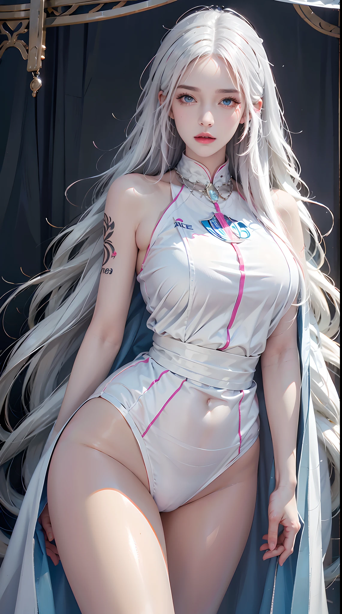 photorealistic, high resolution, 1women, shining skin, solo, tattoo, jewelry, narrow waist, pink lips, long hair, white hair, blue eyes, closed mouth, hips up, real madrid uniform