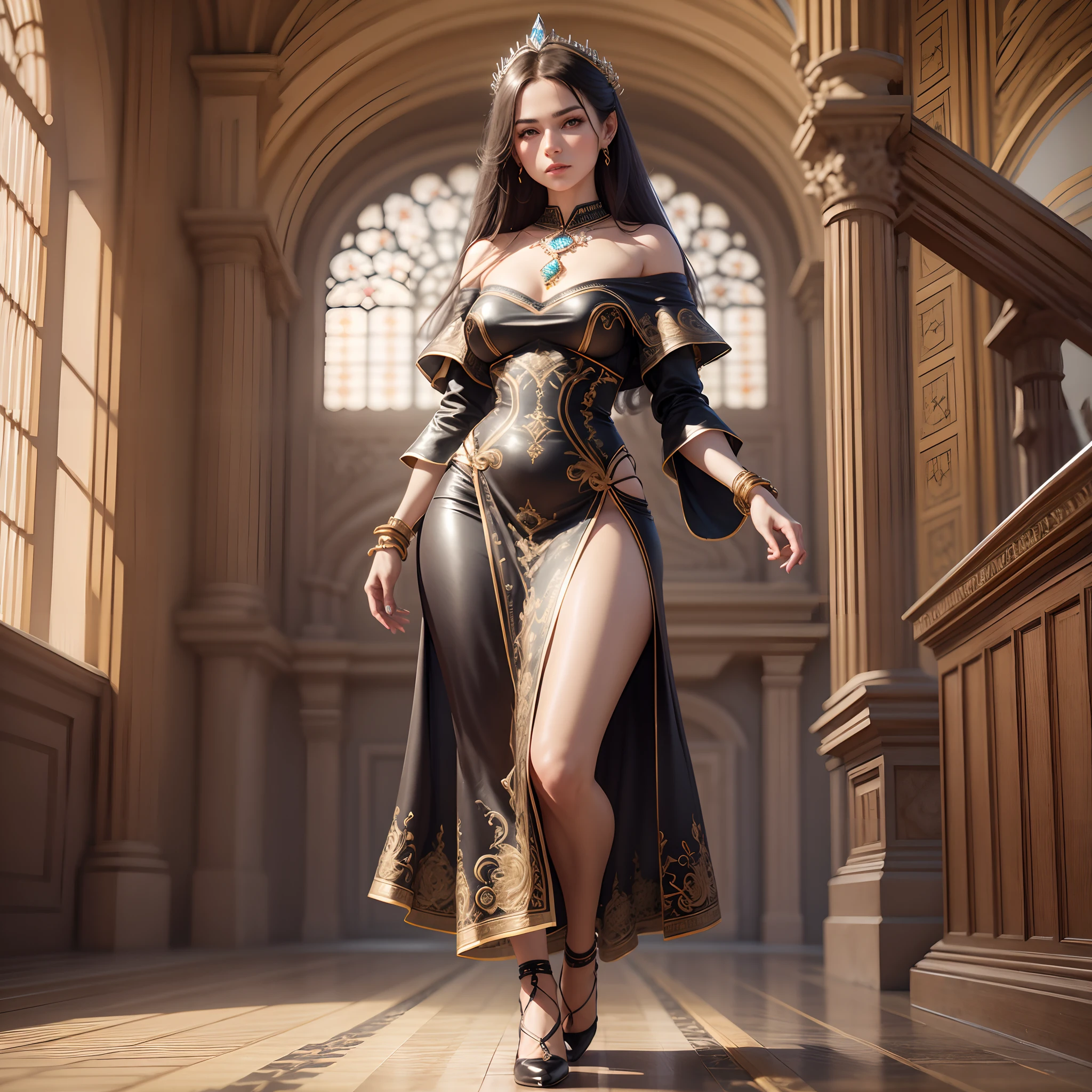 high quality, 8K Ultra HD, highly detailed, masterpiece, super realistic, full body, Beautiful woman, large and bright eyes, well-balanced face, faint smile, soft shading expresses beautiful skin texture, silk material, elegant dress, Graceful curve from ankle to toe, leather pumps, light reflection on the floor, ornate embroidery and embellishments, an elegant necklace, thin bracelets on the wrist, rich and lustrous hair, three dimensional effect, Albert Anker, Feeling like John Howe, Greg Rutkowski, Artgerm, WLOP, Alphonse Beeple, luminism, 3d render, octane render, Isometric, by yukisakura, awesome full color, --auto --s2