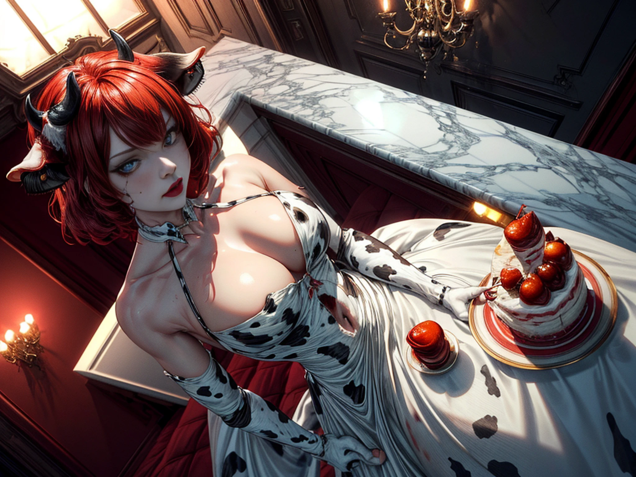 a 3D picture of extremely 1beautiful (cow anthropomorphic:1.3) looking at (red MasterChef style cake: 1.5), an exquisite beautiful female (cow anthropomorphic:1.3), ultra feminine ultra detailed face, red hair, short hair, pale skin, red lips, blue eyes, wearing sexy white seductive latex dress, blood stains on the dress, looking at a red Bakeoff, award winning (cheese cake: 1.3), 2 floors, decorated with red whipped cream, and artful stylish decorations, blood dripping from the cake, dark castle style kitchen background, dim candles light, dark fantasy art, gothic art, dynamic angle, best details, best quality, 16K, [ultra detailed], masterpiece, best quality, (ultra detailed), full body, ultra wide shot, photorealistic, 2.5D rendering,