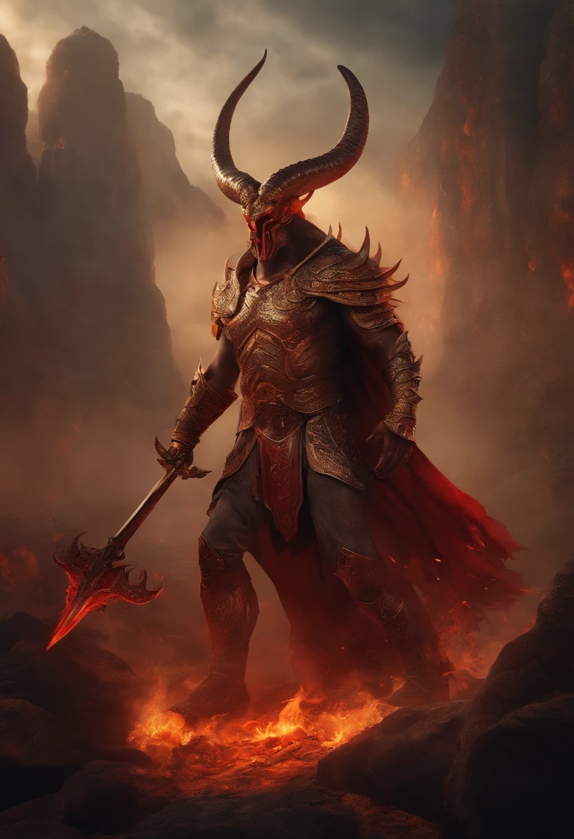 award winning full body portrait of minotauros, in front of hell's gate, with a broadsword, fire ambers, horns on head in flames, lost souls,blood and gore outrun, vaporware, digital art, trending on artstation, highly detailed, fine detail, intricate