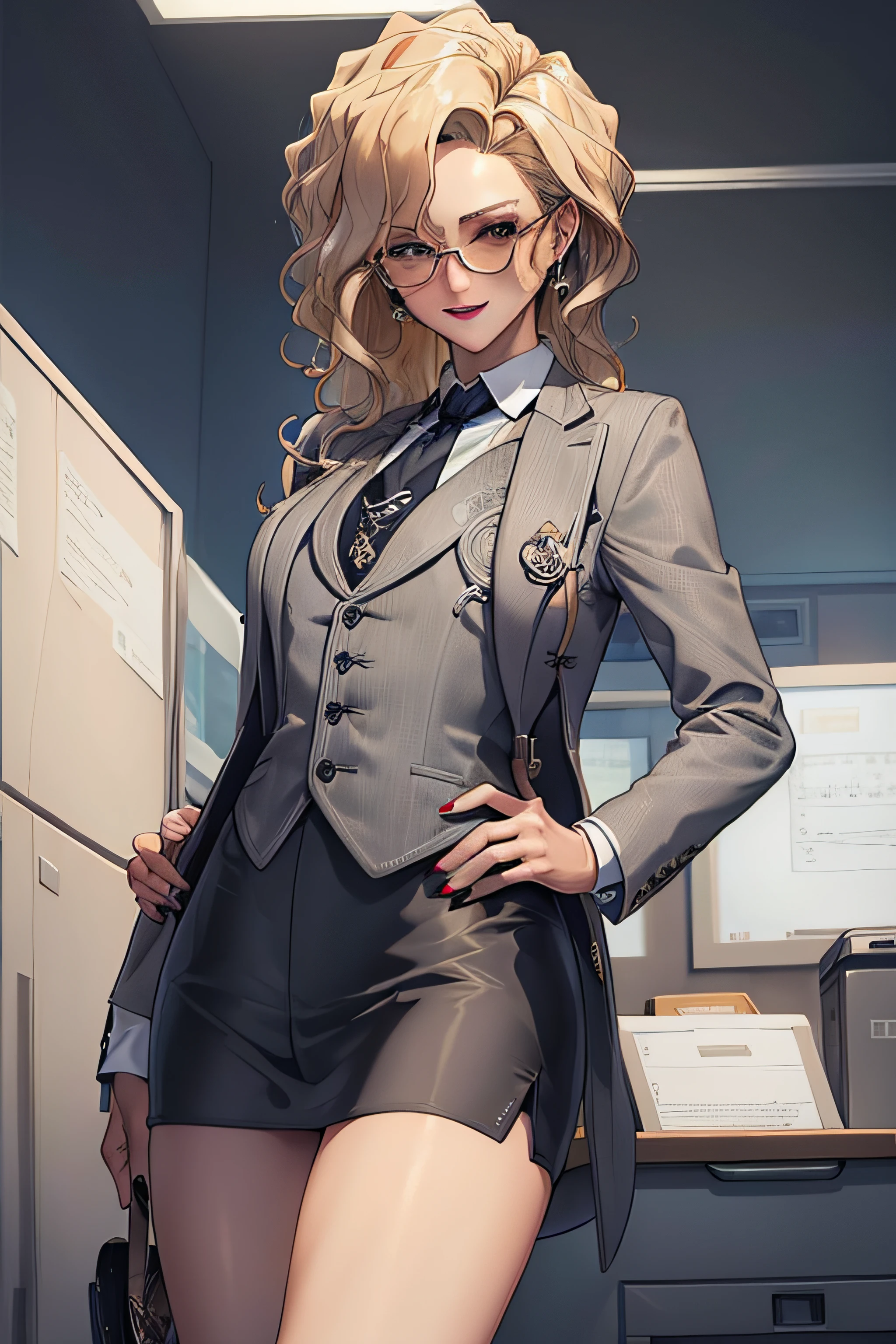 (Masterpiece, Best Quality, High Quality:1.4), professional artwork, well drawn, Intricate Details, field of view, sharp focus, detailed painting, masterpiece, cinematic lighting, trending on pixiv, vivid lighting, vibrant colors, by by Nagasawa Rosetsu,
MadamePresident, mature female, milf, standing, hands on waist, office background, afternoon, full body shot,
blonde hair, long hair, wavy hair, lipstick, makeup, ultra detail hair, ultra detail face, perfect eyes, perfect face, earring, brown eyes, Looking at Viewer, flirting, smiling,
grey skirt suit, (((three-piece suit))), necktie, blazer, (((suit jacket))), (((waistcoat))), double-breasted waistcoat, (((miniskirt))), (((pencil skirt))), stockings, skirt, tie clip, pocket square, pantyhose, high heels, glasses, cufflinks,
red nails, nail polish,