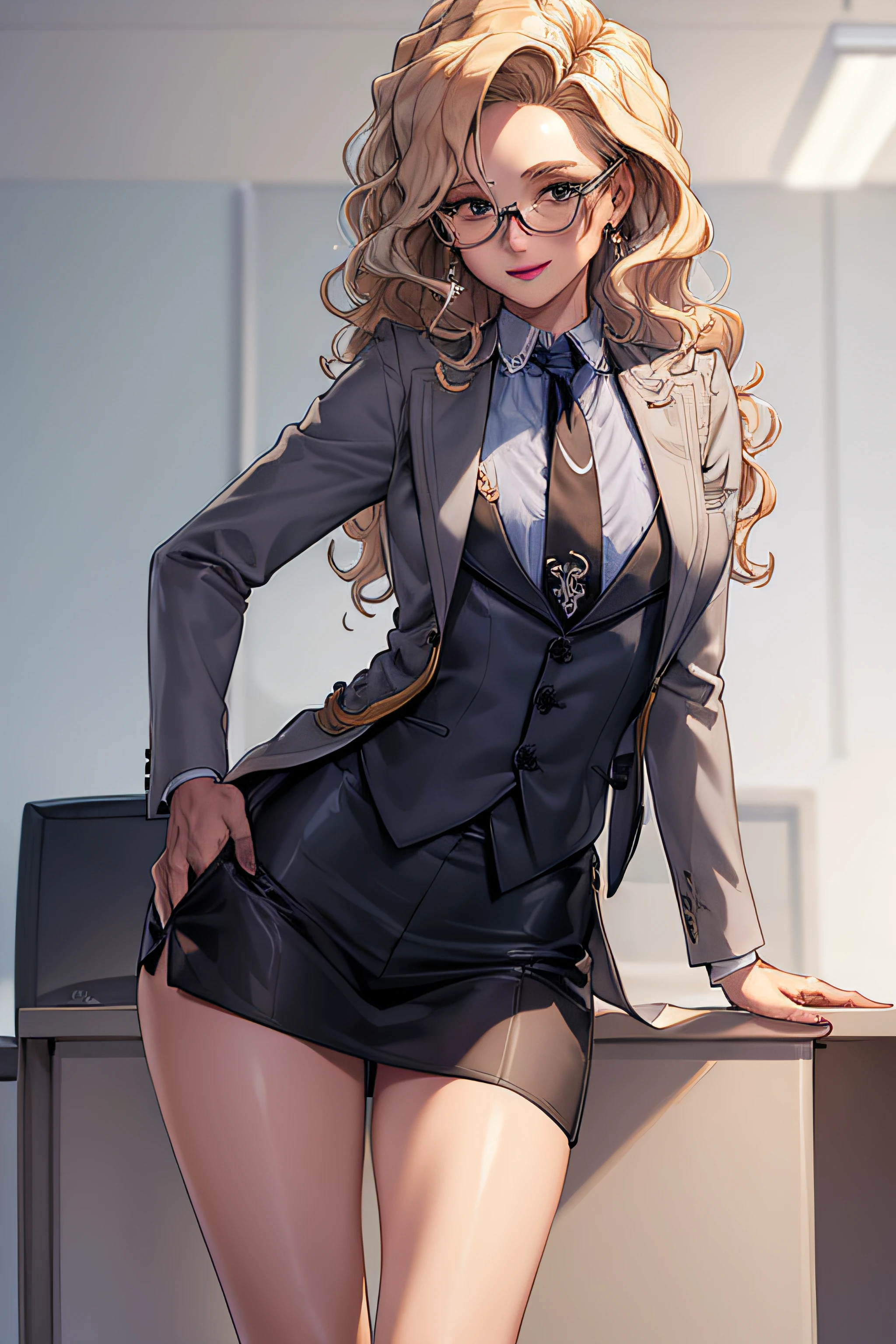 (Masterpiece, Best Quality, High Quality:1.4), professional artwork, well drawn, Intricate Details, field of view, sharp focus, detailed painting, masterpiece, cinematic lighting, trending on pixiv, vivid lighting, vibrant colors, by by Nagasawa Rosetsu,
MadamePresident, mature female, milf, standing, hands on waist, office background, afternoon, full body shot,
blonde hair, long hair, wavy hair, lipstick, makeup, ultra detail hair, ultra detail face, perfect eyes, perfect face, earring, brown eyes, Looking at Viewer, flirting, smiling,
grey skirt suit, (((three-piece suit))), necktie, blazer, (((suit jacket))), (((waistcoat))), double-breasted waistcoat, (((miniskirt))), (((pencil skirt))), stockings, skirt, tie clip, pocket square, pantyhose, high heels, glasses, cufflinks,
red nails, nail polish,