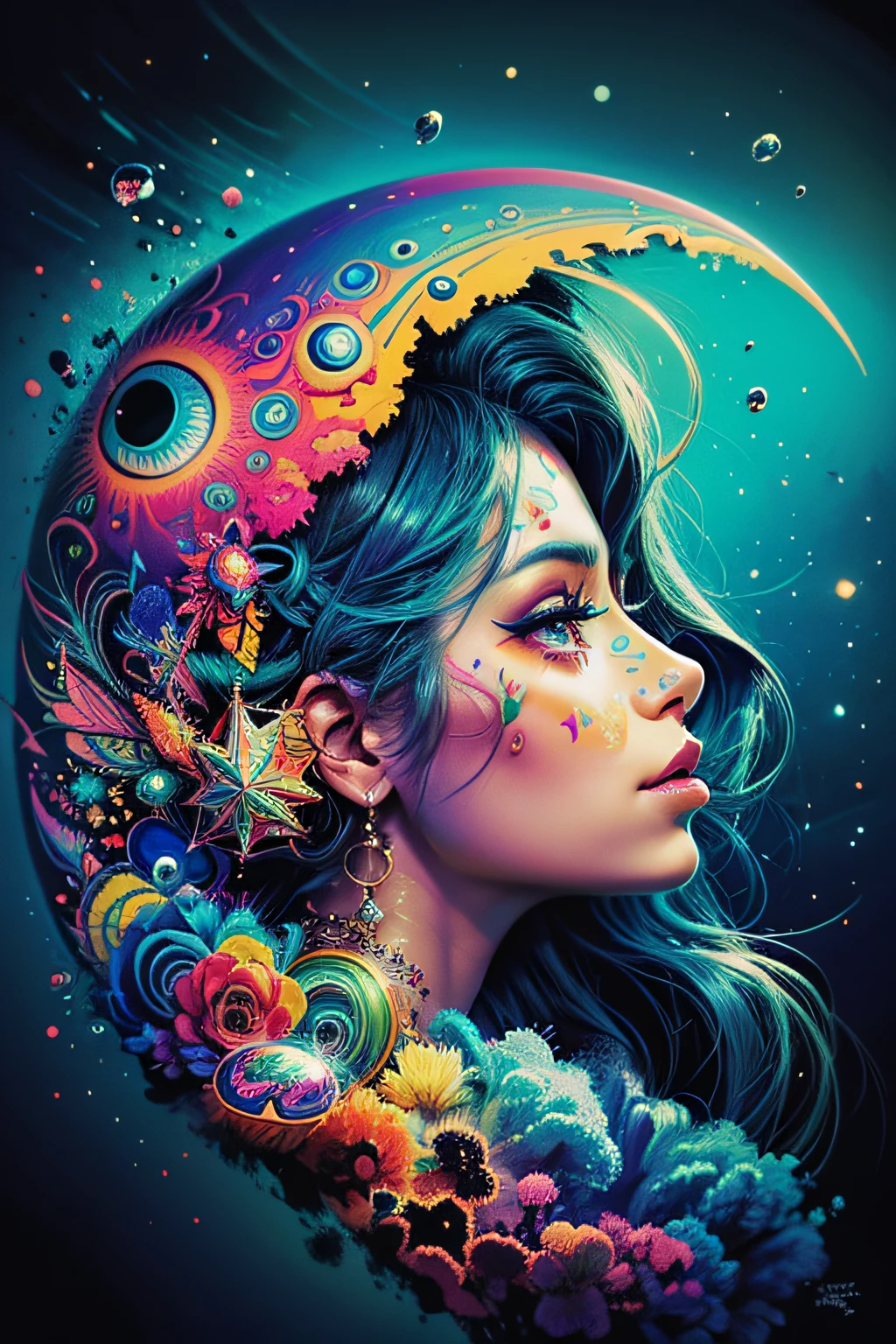 A woman with a colorful face and a crescent on her head, Arte de Alessandro Pautasso, sonho colorido, pintura digital colorida, Pintura digital intrincada, arte de fantasia digital colorida, psychedelic art style, arte colorida bonita!, Jen Bartel, colorido e escuro, Bela arte UHD 4K, psychedelic aesthetic, psychedelic surreal art, full-colour illustration