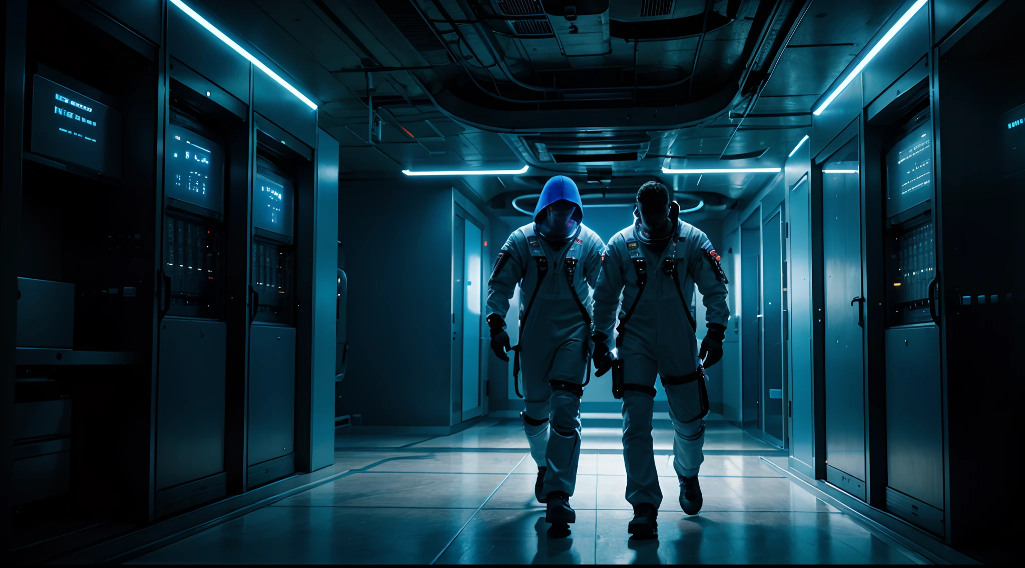 astronaut entering server room, cyberpunk, masterpiece, photoreal, sci-fi, neon, blue