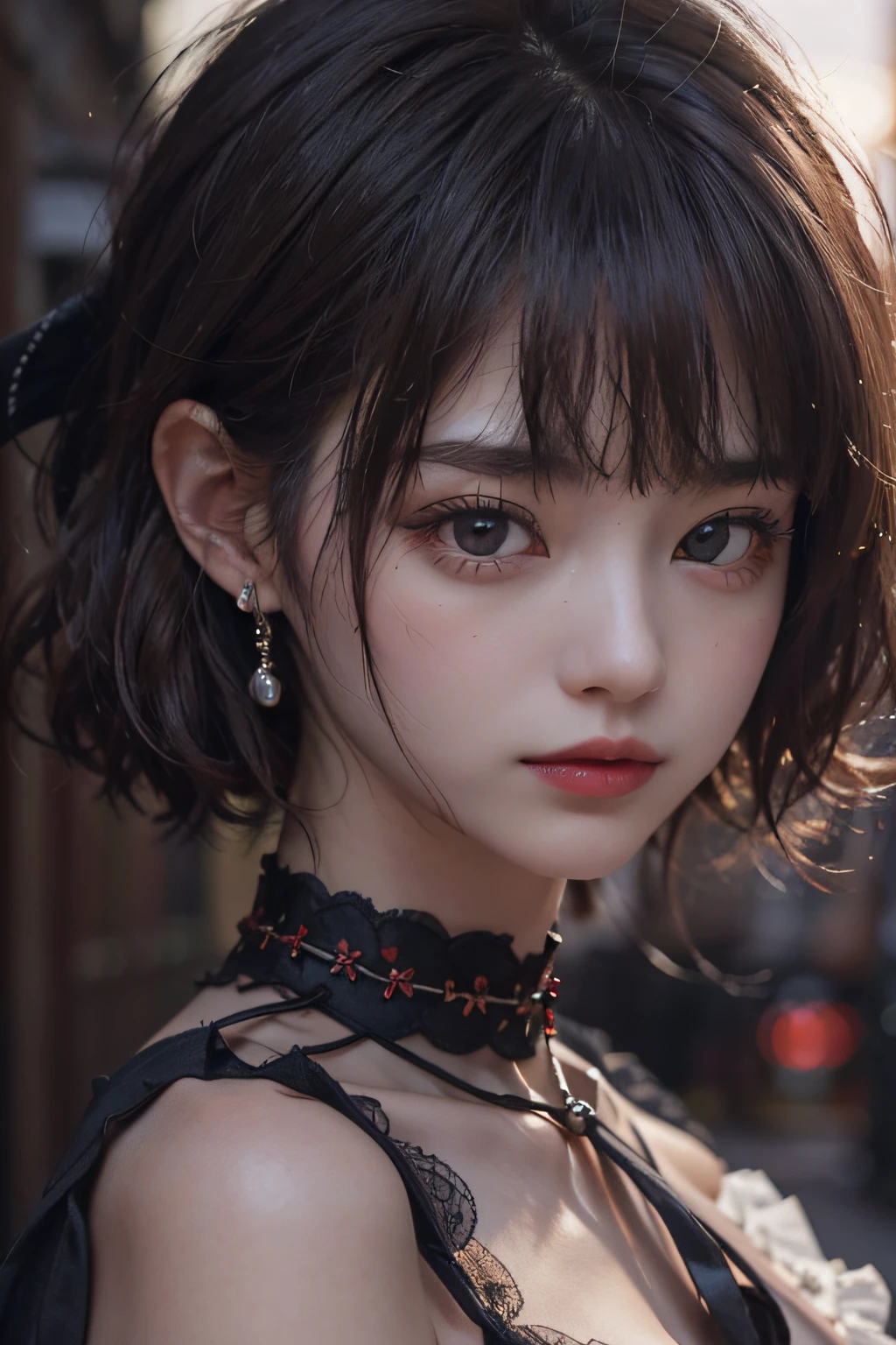 ((1girl in))、(in her 20s)、((Bery short hair))、((Pattsun bangs))、((A dark-haired))、(looking at view)、((Black Maid Outfit))、(Photoreal Stick:1.2)、in 8K、(High quality shadows)、Detail Beautiful delicate face、Detail Beautiful delicate eyes、Cute K-pop Idol、(Korean Urzan Face)、(ulzzang -6500-v1.1:0.6)、gloweyes、perfectbody、Natural color reproduction、Bright red lipstick、(a choker)、((Brown eyes))、Shiny hair、Description beautiful delicate hair、(Lustrous skin)、The vast Milky Way、Countless stars、
