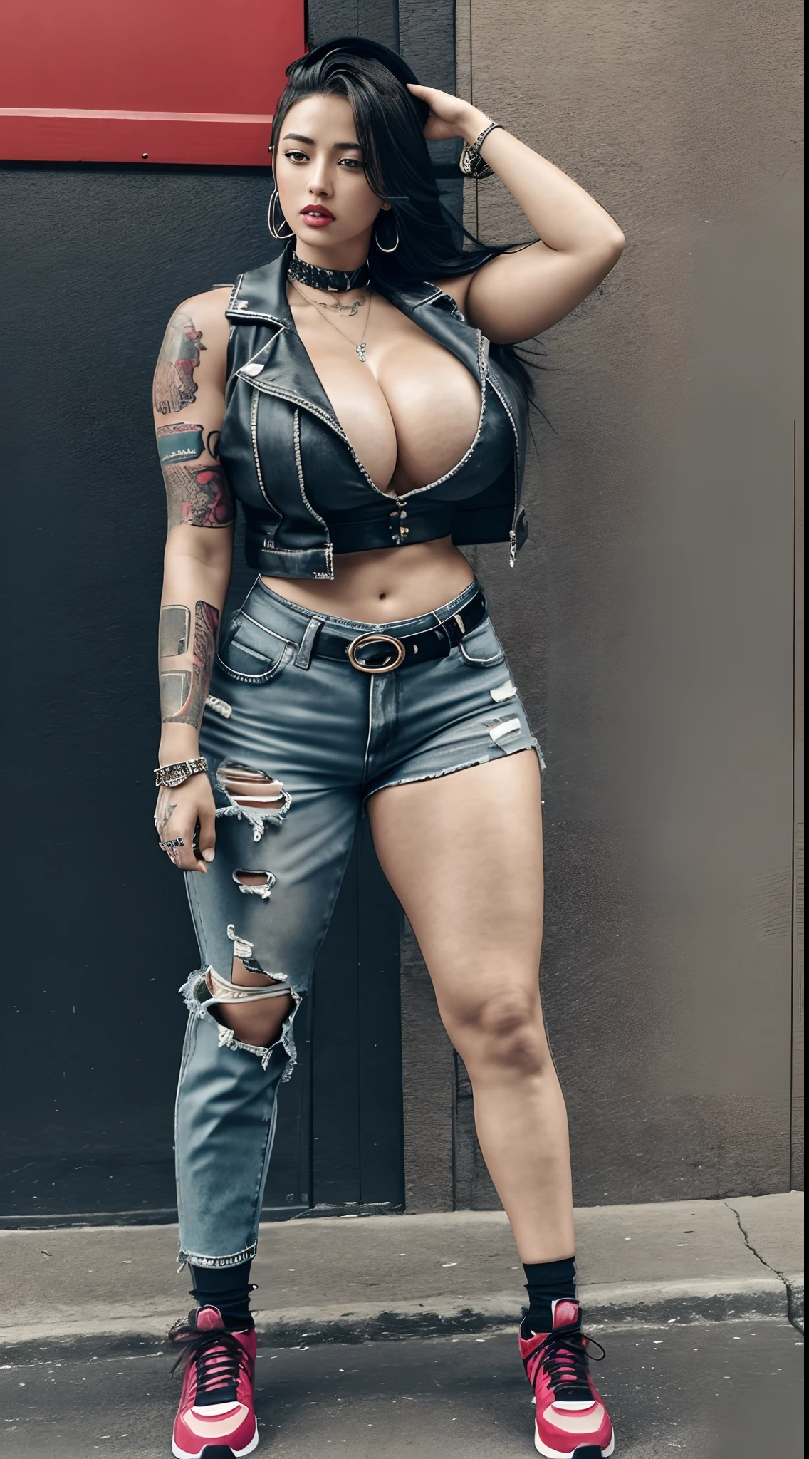 An arrogant person, extremely hyper, Busty and sexy people，badass, And the arrogant female Chav rapper，With the edge of a tomboy. Overwhelming presence. extremely hyper, Tall and strong，extremely hyper，extremely hyper，The huge muscular arms are covered with tattoos，Broad muscular shoulders，High uplift，Oversized long breasts，super gigantic breasts，Long cleavage，Pronounced abdominal tuning，Wide crotch，Exaggerated huge fat buttocks，Extremely long legs，Strong and powerful big thick legs，Stand confidently with your head held high, She is strong, The perfectly tailored punk-inspired hairstyle reflects her bold personality. She wears loose clothing, Scream West Side gang hip-hop swagger edgy streetwear. Punk-style shoes，Her tattoo is a canvas for her rebellious spirit, Tell street stories. Loose and loose pants ride low, Exposes hints of her street attitude. Her pants hung low，The belt hangs low，Steel wire that exposes panties，Showcasing the perfect vest collection，Ultra-low waistband，Wear a cool pair of punk-style shoes，At the same time DJ DJ，Full body shot from head to toe。