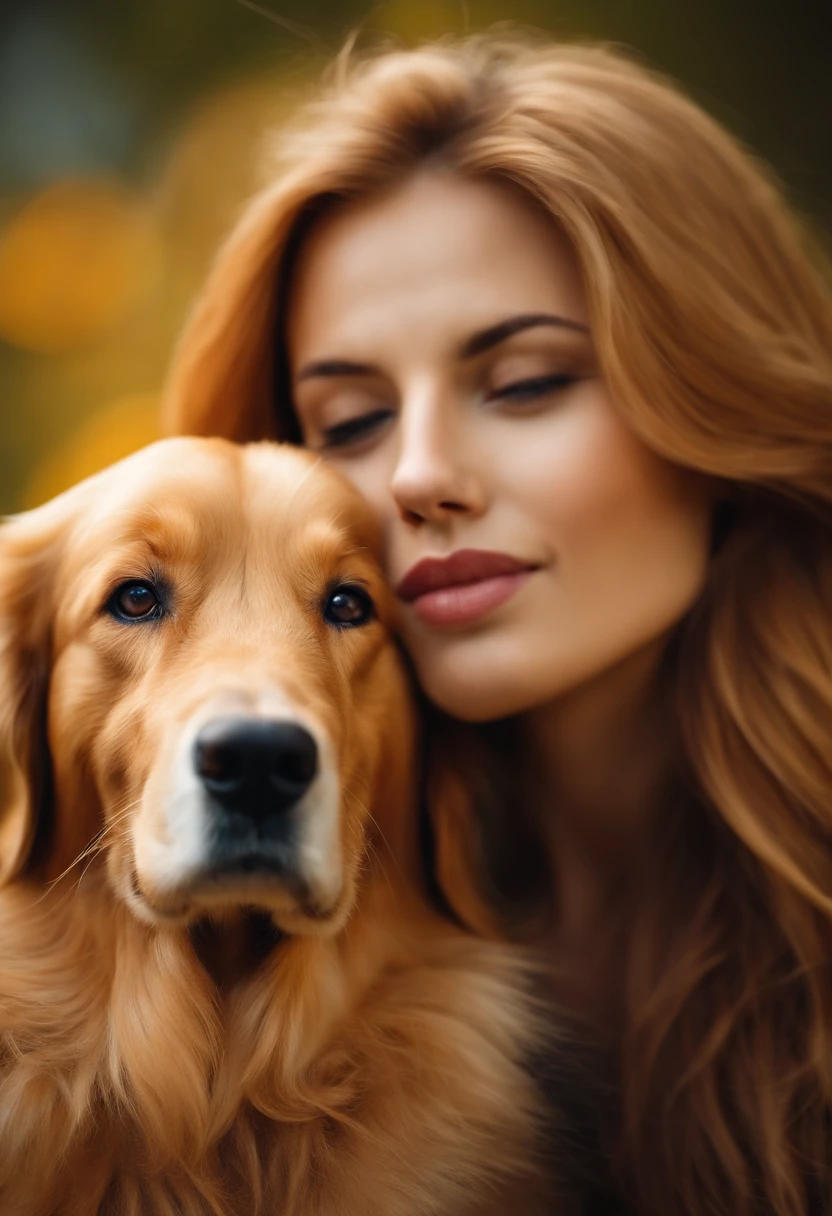 femme Blonde,cheveux lisse et soyeux tenant un chiot golden retriever