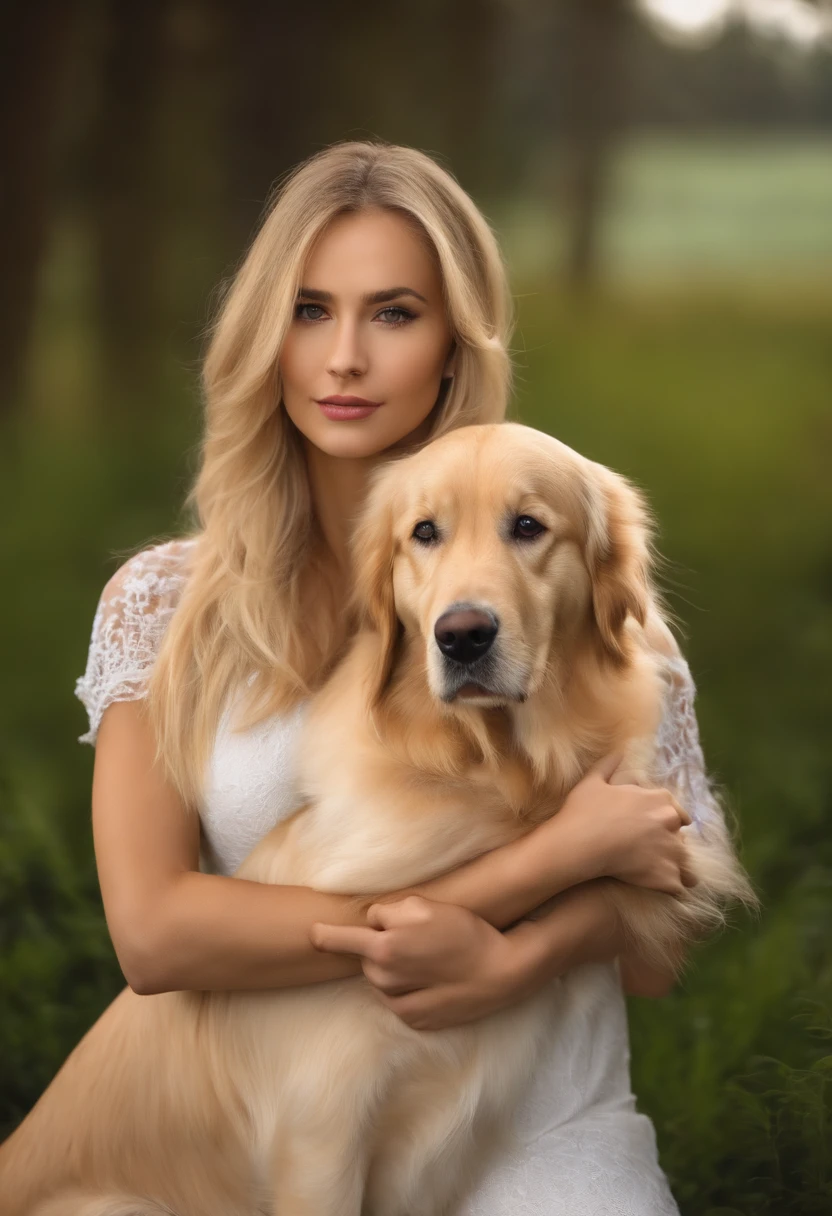 femme Blonde,cheveux lisse et soyeux tenant un chiot golden retriever