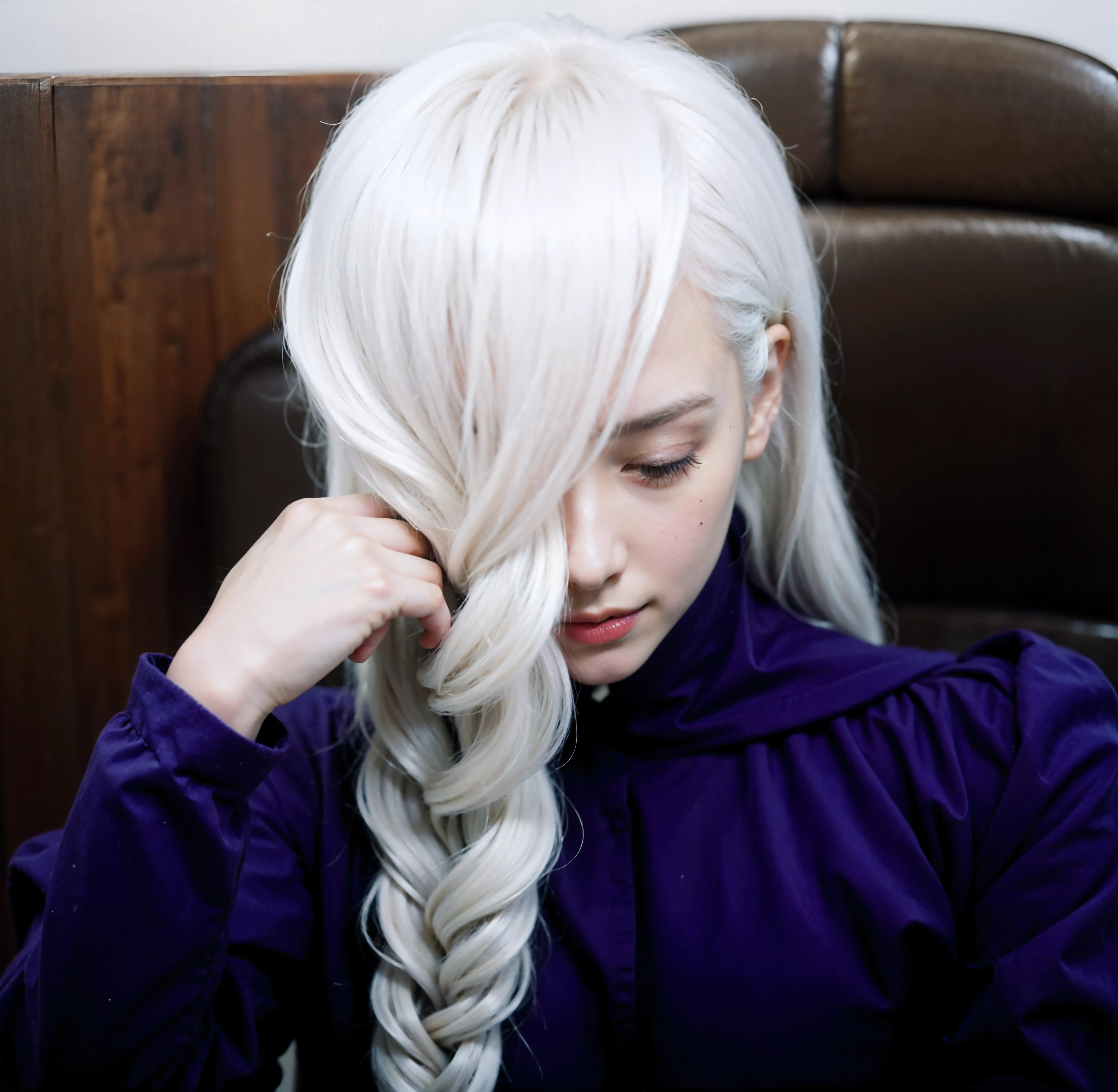 a close up of a woman with long hair sitting in a chair, white haired lady, white haired, perfect white haired girl, one girl has white hair, white-haired, nagito komaeda, girl with white hair, her hair is white, white haired deity, white hair floating in air, nagito komaeda from danganronpa, High quality image, masterpiece, detailed hair texture, detailed skin texture, detailed cloth texture, 8k, add fabric details, ultra detailed skin texture, ultra detailed photo, skin pores, cloth details, high skin details, realistic hair details
