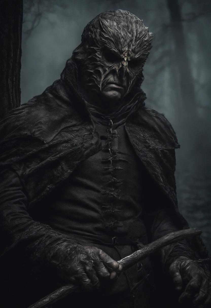 Je souhaite un vampire avec des oreilles un peu pointues. He has a fierce expression on his face. Il lui fait des yeux jaunes, et des cheveaux longs, black and braided. He must wear a medieval mercenary outfit and an axe on his hip. He must be standing in a dark and ominous wood. A brown owl rests on his left arm.