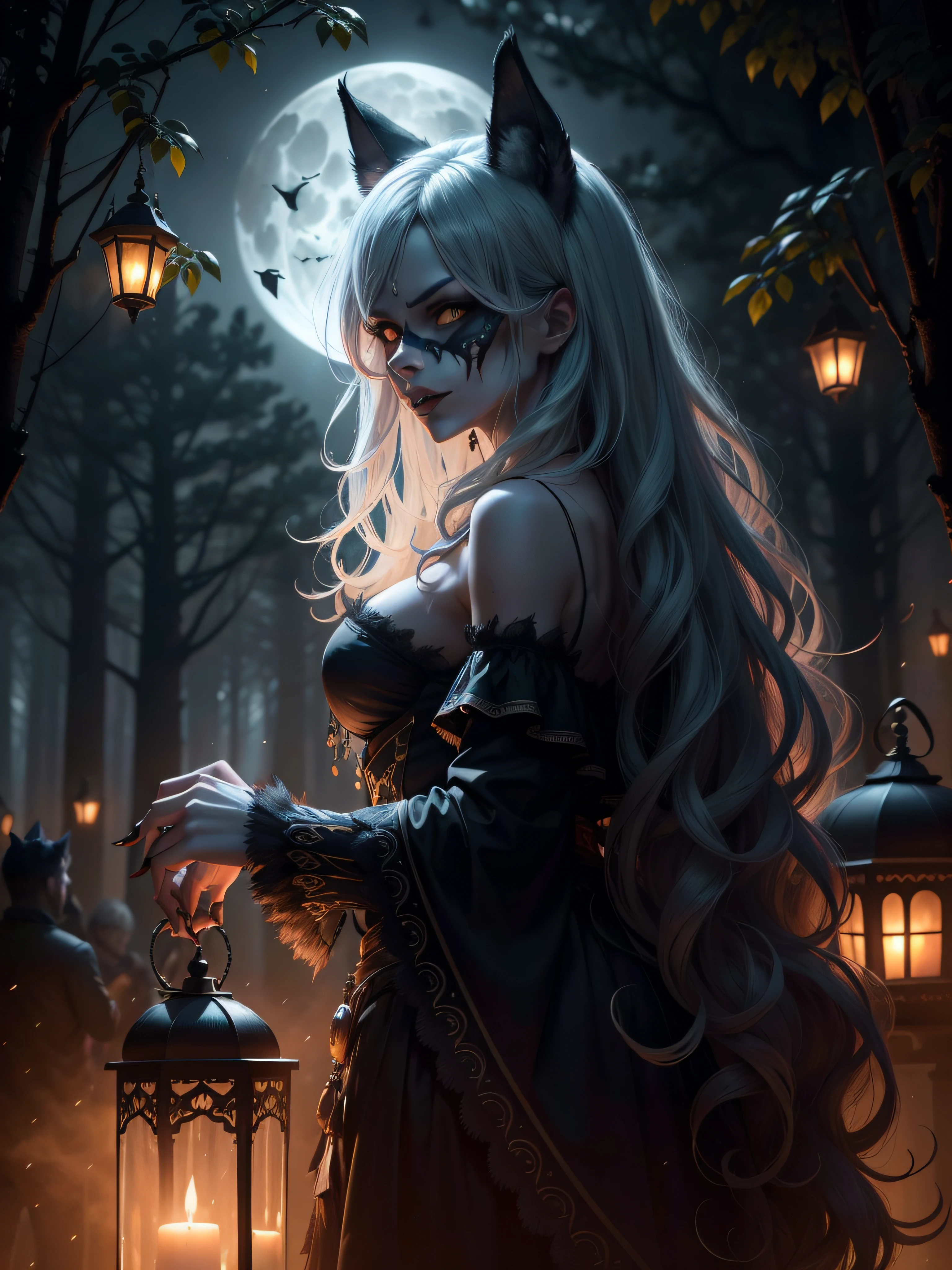 A werewolf party,(best quality,4k,8k,highres,masterpiece:1.2),ultra-detailed,(realistic,photorealistic,photo-realistic:1.37),nighttime,moonlit forest,wolves howling,full moon,haunting atmosphere,hanging lanterns,dancing werewolves,drinking and feasting,twisted trees,mystical fog,silver decorations,werewolf pack,shimmering werewolf furs,carnival masks,ferocious snarls,ominous shadows,wild and untamed,wildfire-like energy,enchanted music,full of eerie allure,mid-transformation,otherworldly celebration,dark and mysterious ambiance,werewolf eyes glowing,claws and teeth gleaming,extravagant costumes,moonlit revelry,mesmerizing moonlight,spooky masks,feral growls,howling with abandon,celebration of the wild,ominous silhouettes,hidden secrets,celestial backdrop