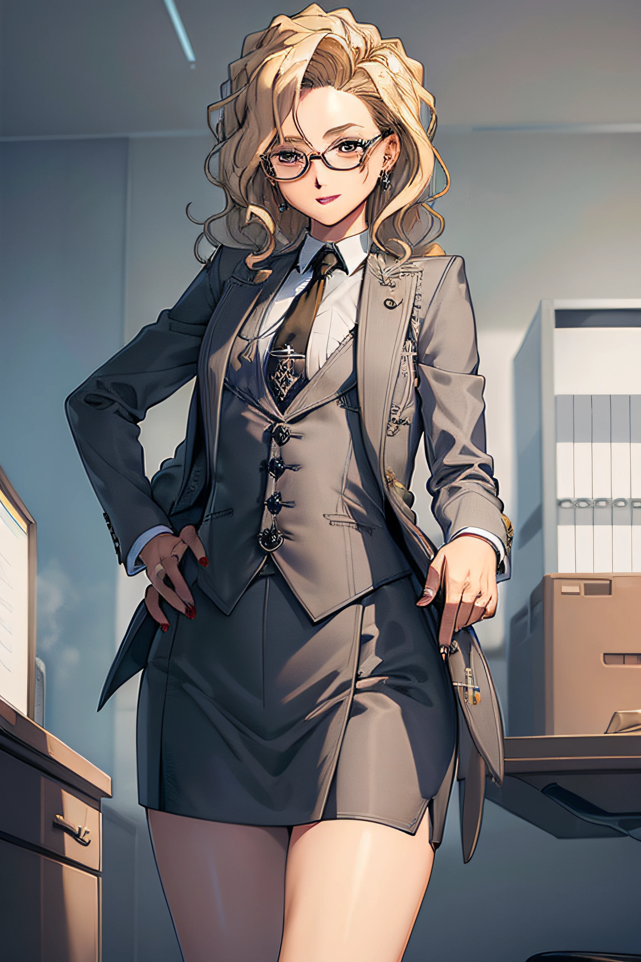 (Masterpiece, Best Quality, High Quality:1.4), professional artwork, well drawn, Intricate Details, field of view, sharp focus, detailed painting, masterpiece, cinematic lighting, trending on pixiv, vivid lighting, vibrant colors, by by Nagasawa Rosetsu,
MadamePresident, mature female, milf, standing, hands on waist, office background, afternoon, full body shot,
blonde hair, long hair, wavy hair, lipstick, makeup, ultra detail hair, ultra detail face, perfect eyes, perfect face, earring, brown eyes, Looking at Viewer, flirting, smiling,
grey skirt suit, (((three-piece suit))), necktie, blazer, (((suit jacket))), (((waistcoat))), double-breasted waistcoat, (((miniskirt))), (((pencil skirt))), stockings, skirt, tie clip, pocket square, pantyhose, high heels, glasses, cufflinks,
red nails, nail polish,