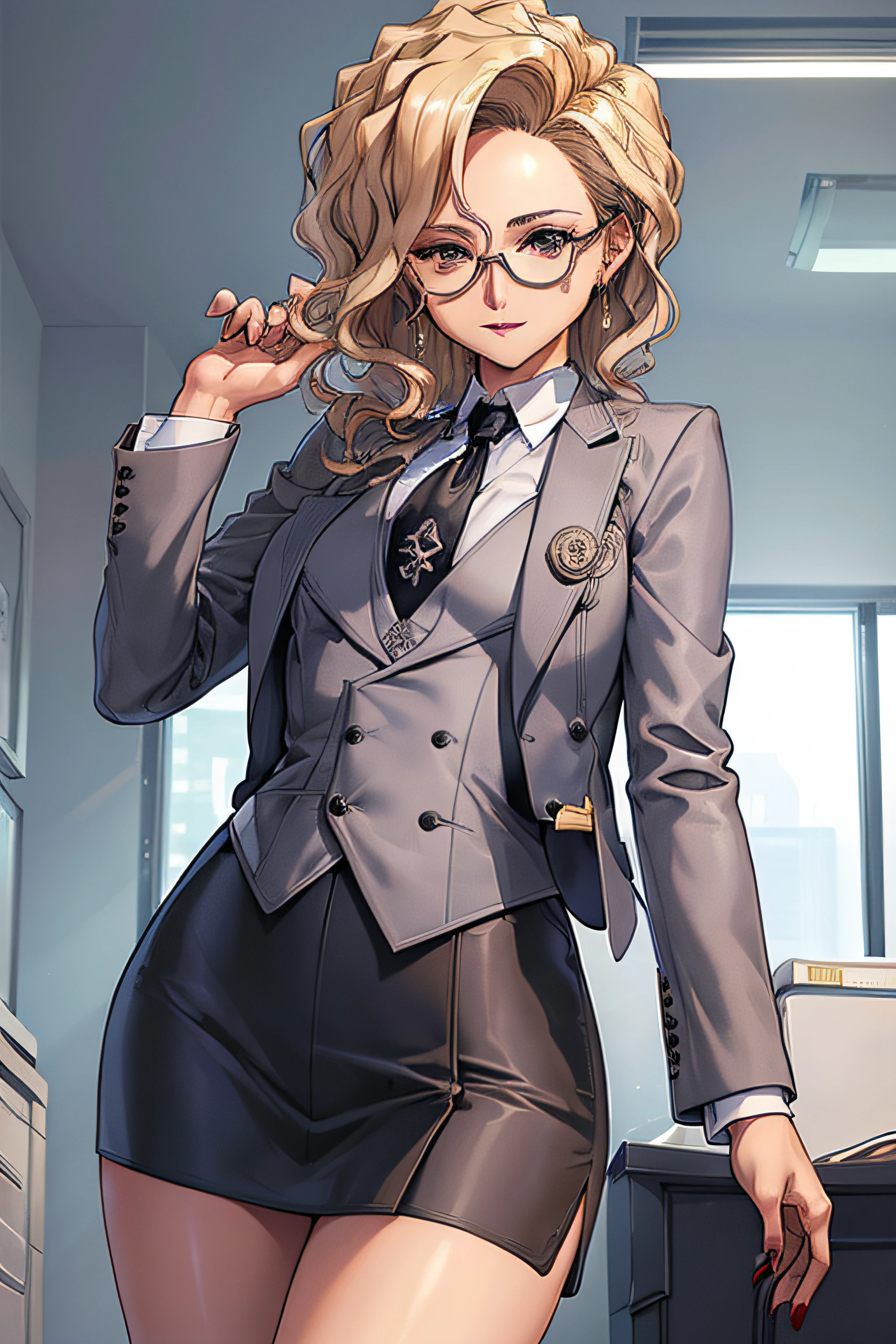 (Masterpiece, Best Quality, High Quality:1.4), professional artwork, well drawn, Intricate Details, field of view, sharp focus, detailed painting, masterpiece, cinematic lighting, trending on pixiv, vivid lighting, vibrant colors, by by Nagasawa Rosetsu,
MadamePresident, mature female, milf, standing, hands on waist, office background, afternoon, full body shot,
blonde hair, long hair, wavy hair, lipstick, makeup, ultra detail hair, ultra detail face, perfect eyes, perfect face, earring, brown eyes, Looking at Viewer, flirting, smiling,
grey skirt suit, (((three-piece suit))), necktie, blazer, (((suit jacket))), (((waistcoat))), double-breasted waistcoat, (((miniskirt))), (((pencil skirt))), stockings, skirt, tie clip, pocket square, pantyhose, high heels, glasses, cufflinks,
red nails, nail polish,