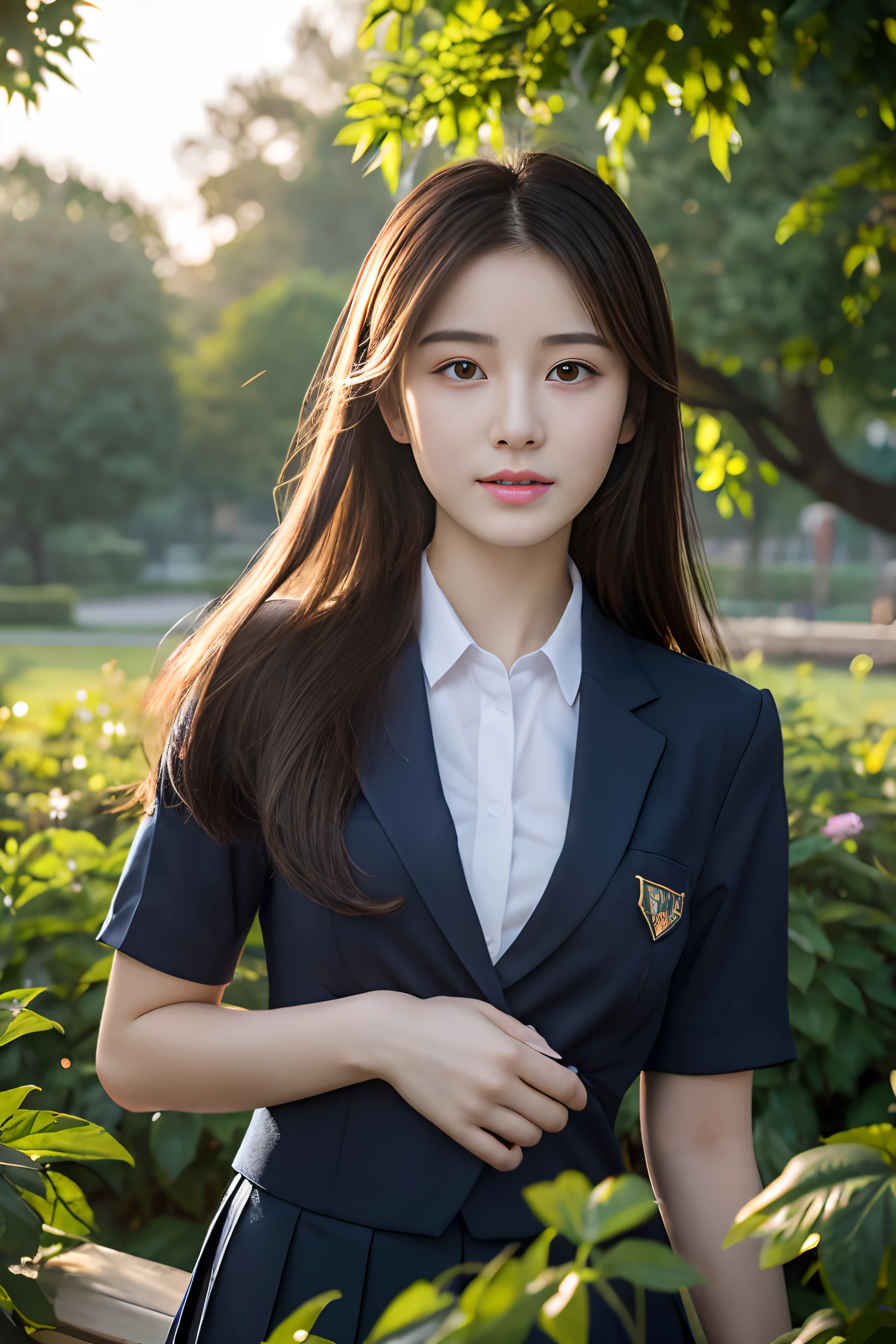 Best quality, Masterpiece, A high resolution, 25 years old Chinese girl,highdetailskin:1.2,Medium breasts, Wear a school uniform,Beautiful face,In the garden,Tyndall effect, Photorealistic,8k ultra high definition,fully body photo