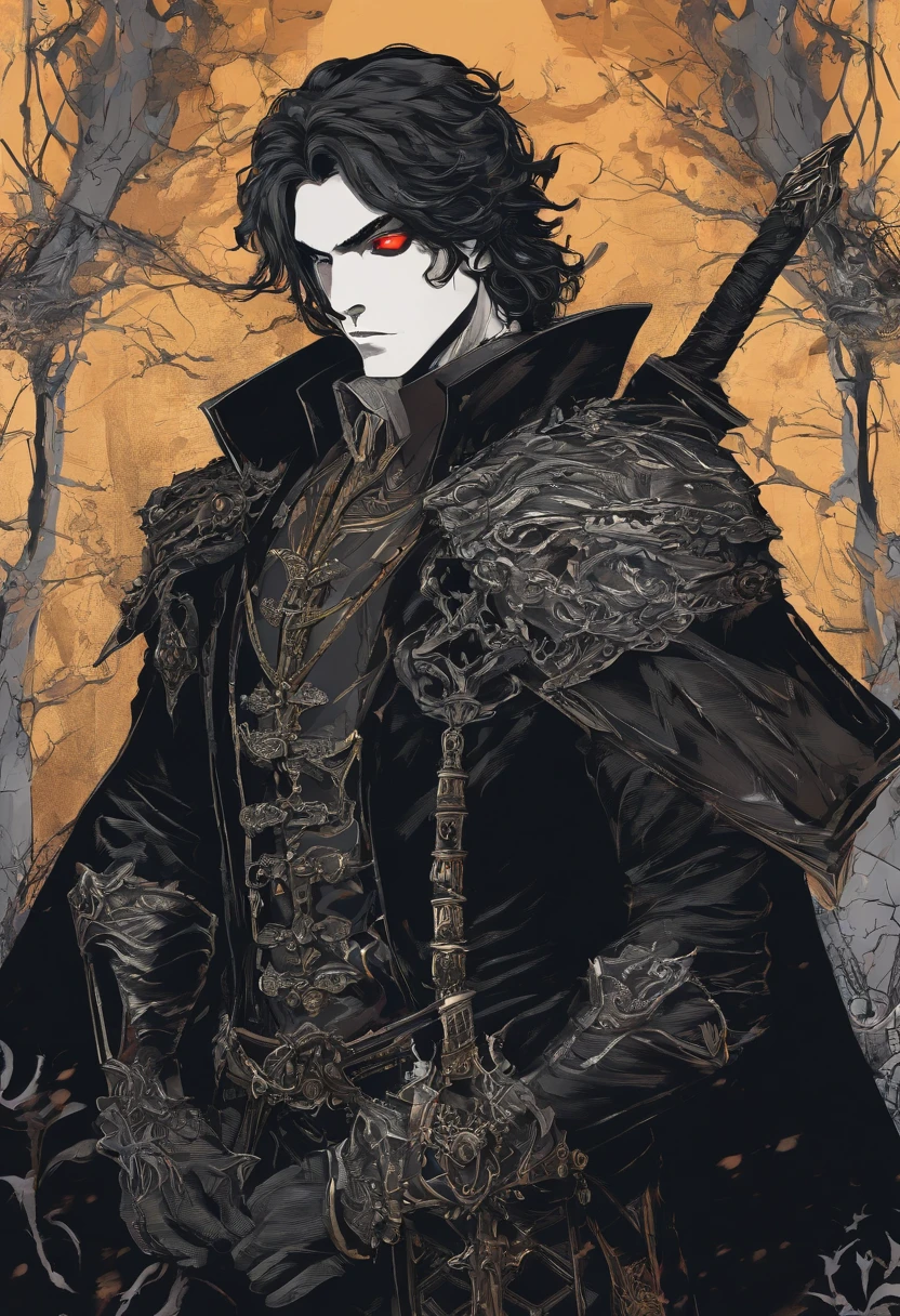 Je souhaite un vampire avec des oreilles un peu pointues. He has a fierce expression on his face. Il lui fait des yeux jaunes, et des cheveaux longs, black and braided. He must wear a medieval mercenary outfit and an axe on his hip. He must be standing in a dark and ominous wood.