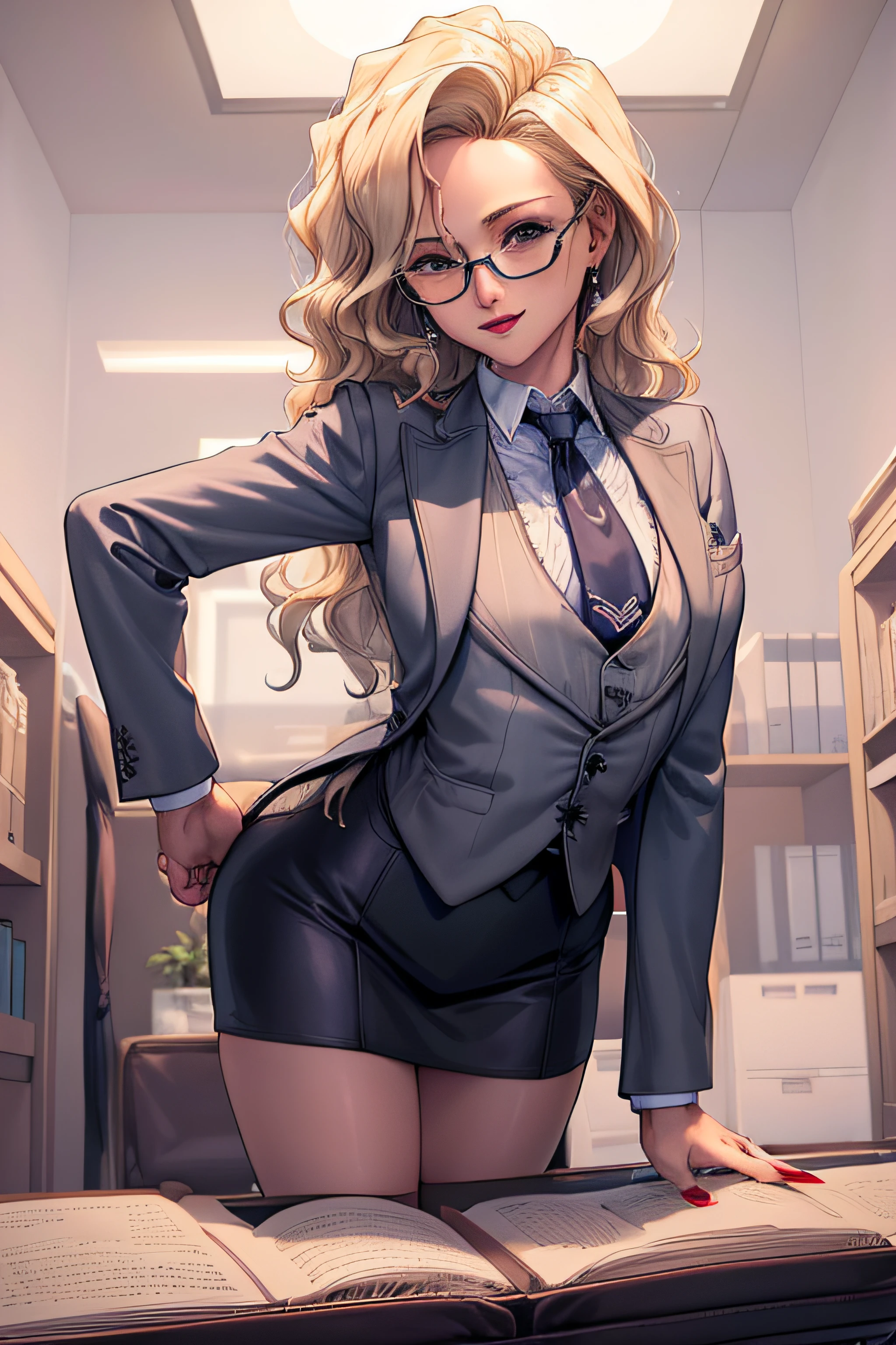 (Masterpiece, Best Quality, High Quality:1.4), professional artwork, well drawn, Intricate Details, field of view, sharp focus, detailed painting, masterpiece, cinematic lighting, trending on pixiv, vivid lighting, vibrant colors, by by Nagasawa Rosetsu,
MadamePresident, mature female, milf, standing, hands on waist, office background, afternoon, full body shot,
blonde hair, long hair, wavy hair, lipstick, makeup, ultra detail hair, ultra detail face, perfect eyes, perfect face, earring, brown eyes, Looking at Viewer, flirting, smiling,
grey skirt suit, (((three-piece suit))), necktie, blazer, (((suit jacket))), (((waistcoat))), double-breasted waistcoat, (((miniskirt))), (((pencil skirt))), stockings, skirt, tie clip, pocket square, pantyhose, high heels, glasses, cufflinks,
red nails, nail polish, hentai 69(sex position)