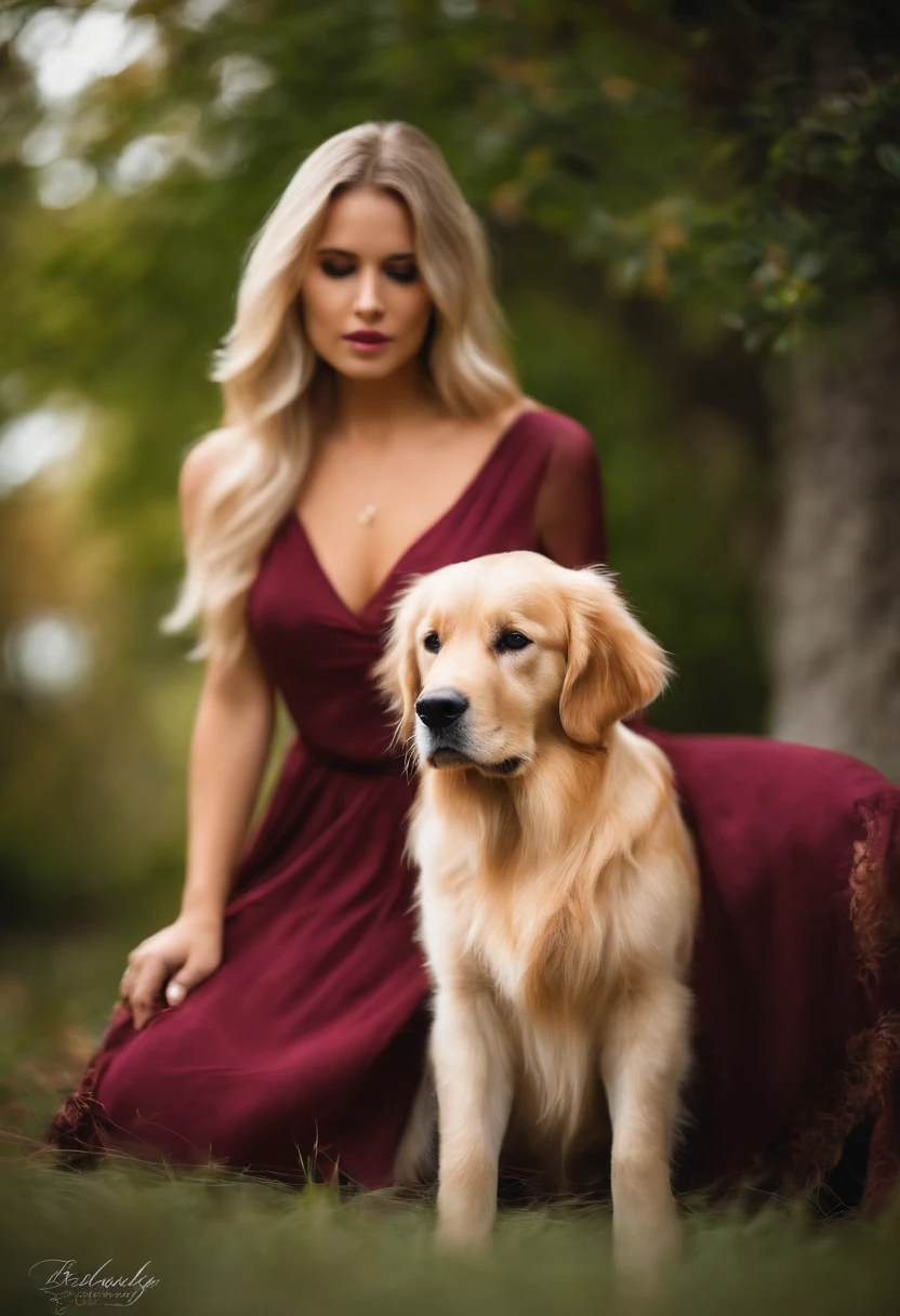 femme Blondinette ,cheveux lisse et soyeux tenant un chiot golden retriever