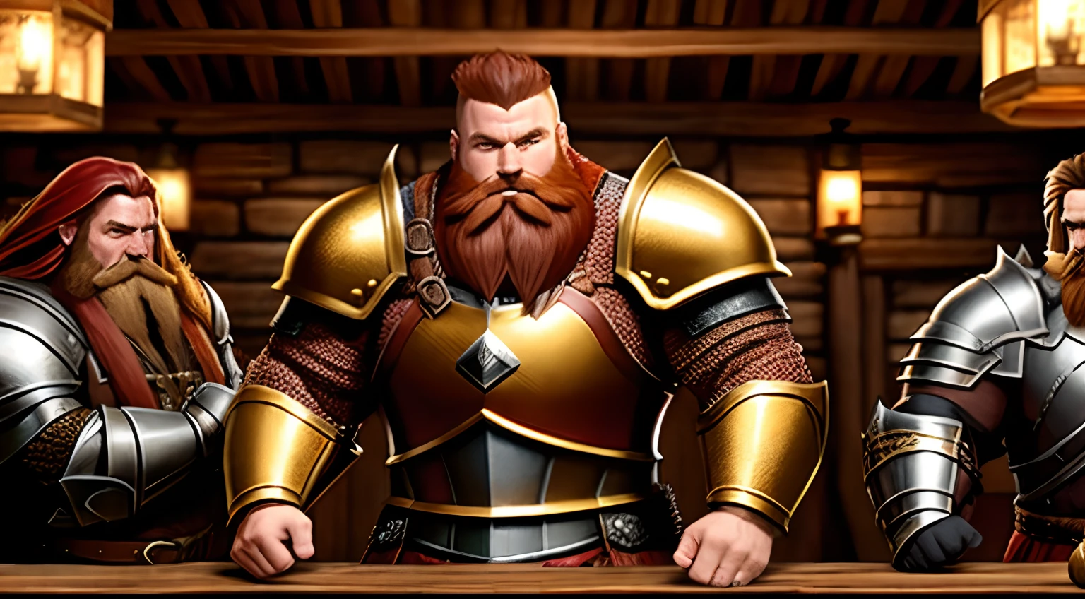 muscular, Susol, Fat, knight, dwarves, Redbeard, Mohawk sheared hair, Golden Armor Armor, Menacing, Drink in a tavern, Best Quality, Full-HD,