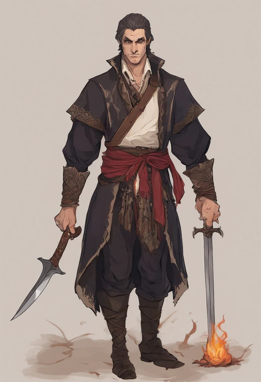 Je souhaite un vampire avec des oreilles un peu pointues. He has a fierce expression on his face. Il lui fait des yeux jaunes, et des cheveaux longs, black and braided. He must wear a medieval mercenary outfit and an axe on his hip. He must be standing in a dark and ominous wood.