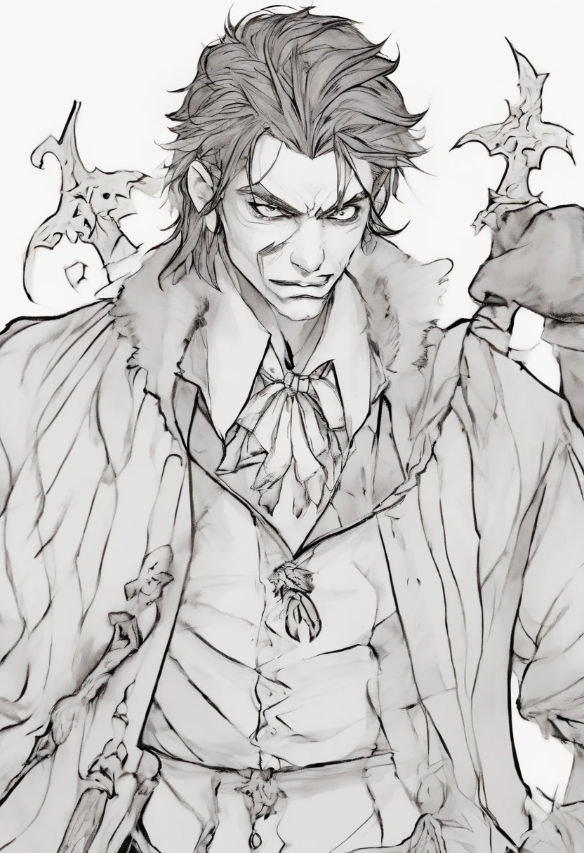 Je souhaite un vampire avec des oreilles un peu pointues. He has a fierce expression on his face. Il lui fait des yeux jaunes, et des cheveaux longs, black and braided. He must wear a medieval mercenary outfit and an axe on his hip. He must be standing in a dark and ominous wood.