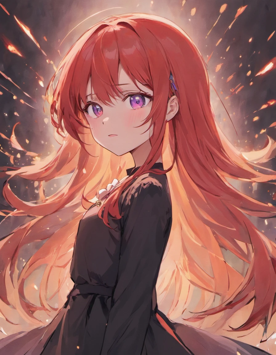 10 year old girl with long red hair, heterochromatic eyes, pale skin, flat chest, Wearing a black dress and a crisp pink blouse, With a more elegant and sophisticated touch, Matching her mysterious and intense personality. Overall, Her appearance will be impressive, Attract curious and intriguing looks, flat-chest, Cinematic lighting, chromatic abberation, Backlighting, masutepiece, high details, High quality, 4K.