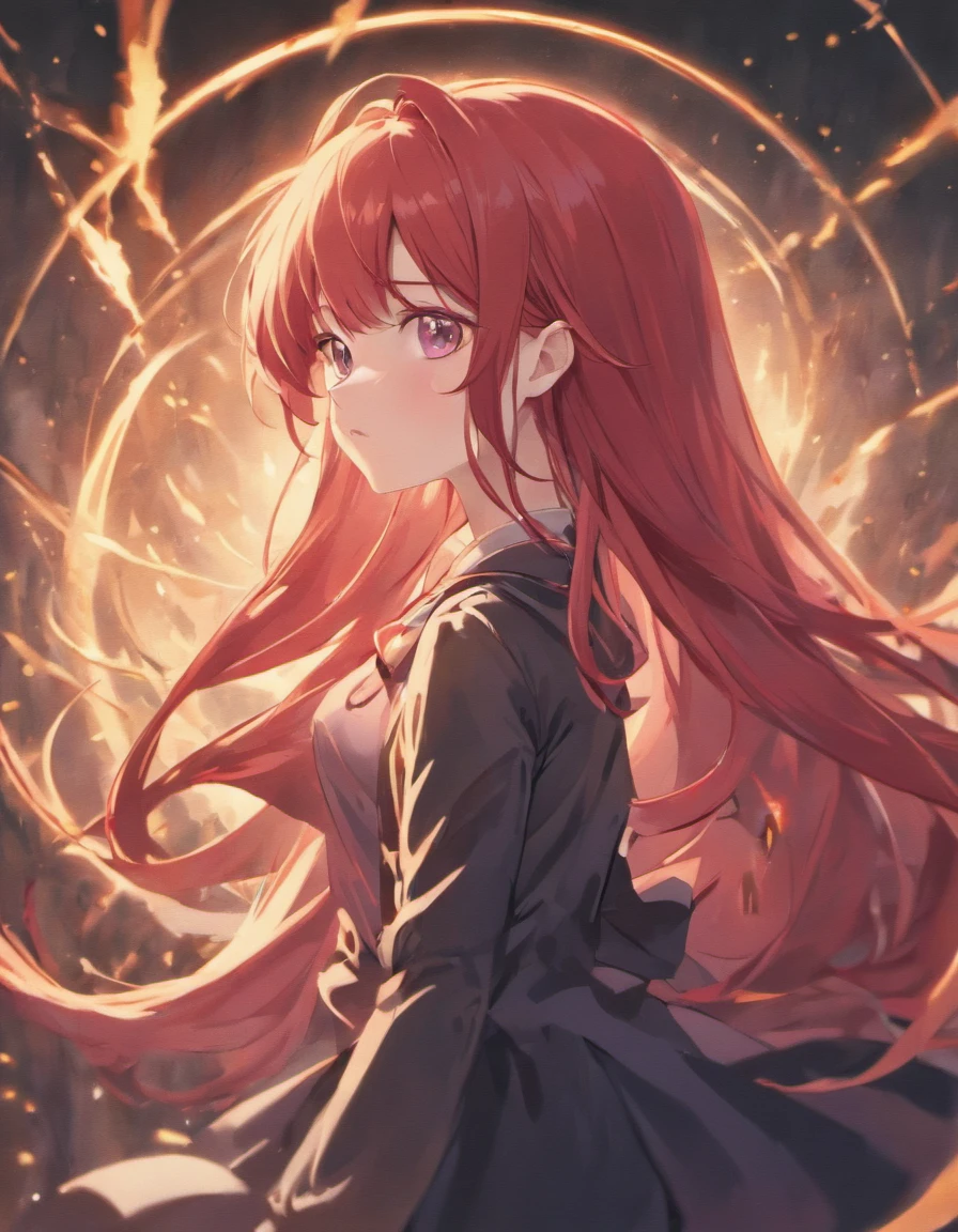10 year old girl with long red hair, heterochromatic eyes, pale skin, flat chest, Wearing a black dress and a crisp pink blouse, With a more elegant and sophisticated touch, Matching her mysterious and intense personality. Overall, Her appearance will be impressive, Attract curious and intriguing looks, flat-chest, Cinematic lighting, chromatic abberation, Backlighting, masutepiece, high details, High quality, 4K.