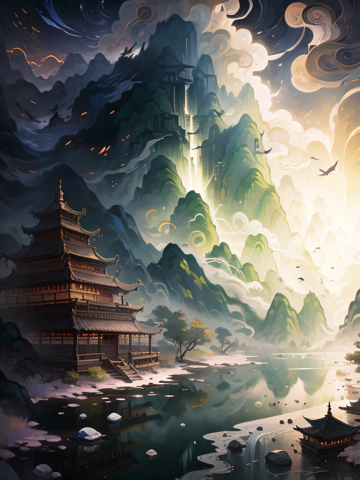 chinese wind mountains, river, auspicious clouds, pavilions, sunlight, masterpiece, super detail, epic composition, ultra hd, high quality, extremely detailed, official art, unified 8k wallpaper, super detail, 32k