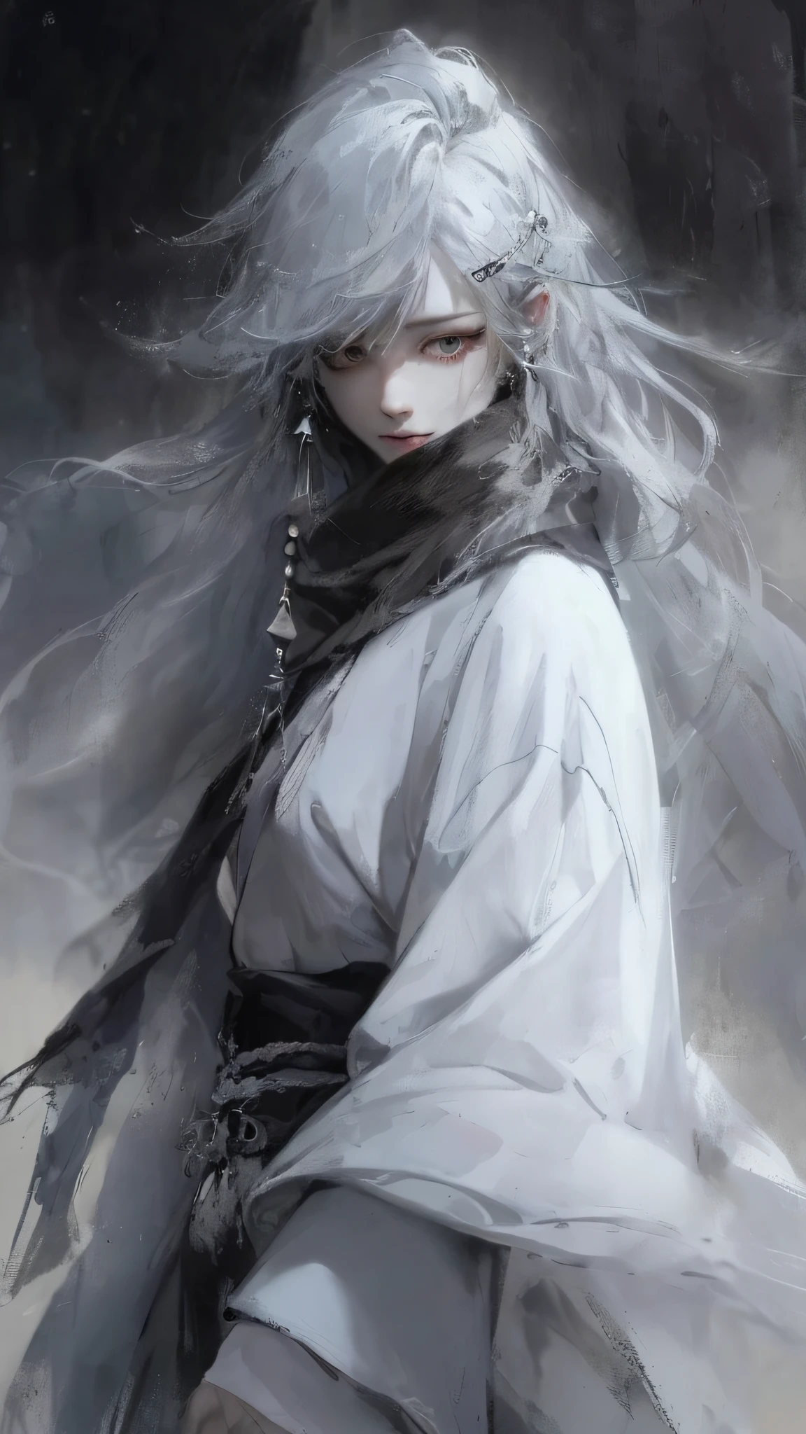 a close up of a woman with a white hair and a black scarf, a character portrait by Yang J, pixiv contest winner, fantasy art, white haired deity, beautiful character painting, artwork in the style of guweiz, the piercing stare of yuki onna, guweiz, with white long hair, with long white hair, flowing hair and long robes